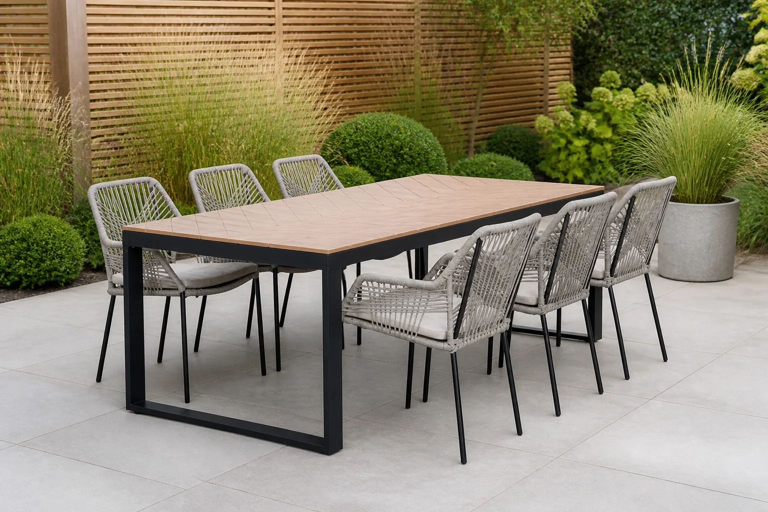 Sfeerfoto van LUX outdoor living Kampa Natural/Seville zand dining tuinset | 6 personen | polywood + touw | 210cm – Taupe – Naturel – Bruin