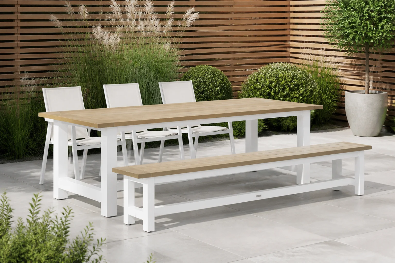 Sfeerfoto van Lifestyle Garden Furniture Fiora/Los Angeles 260 cm dining tuinset 5-delig – Wit