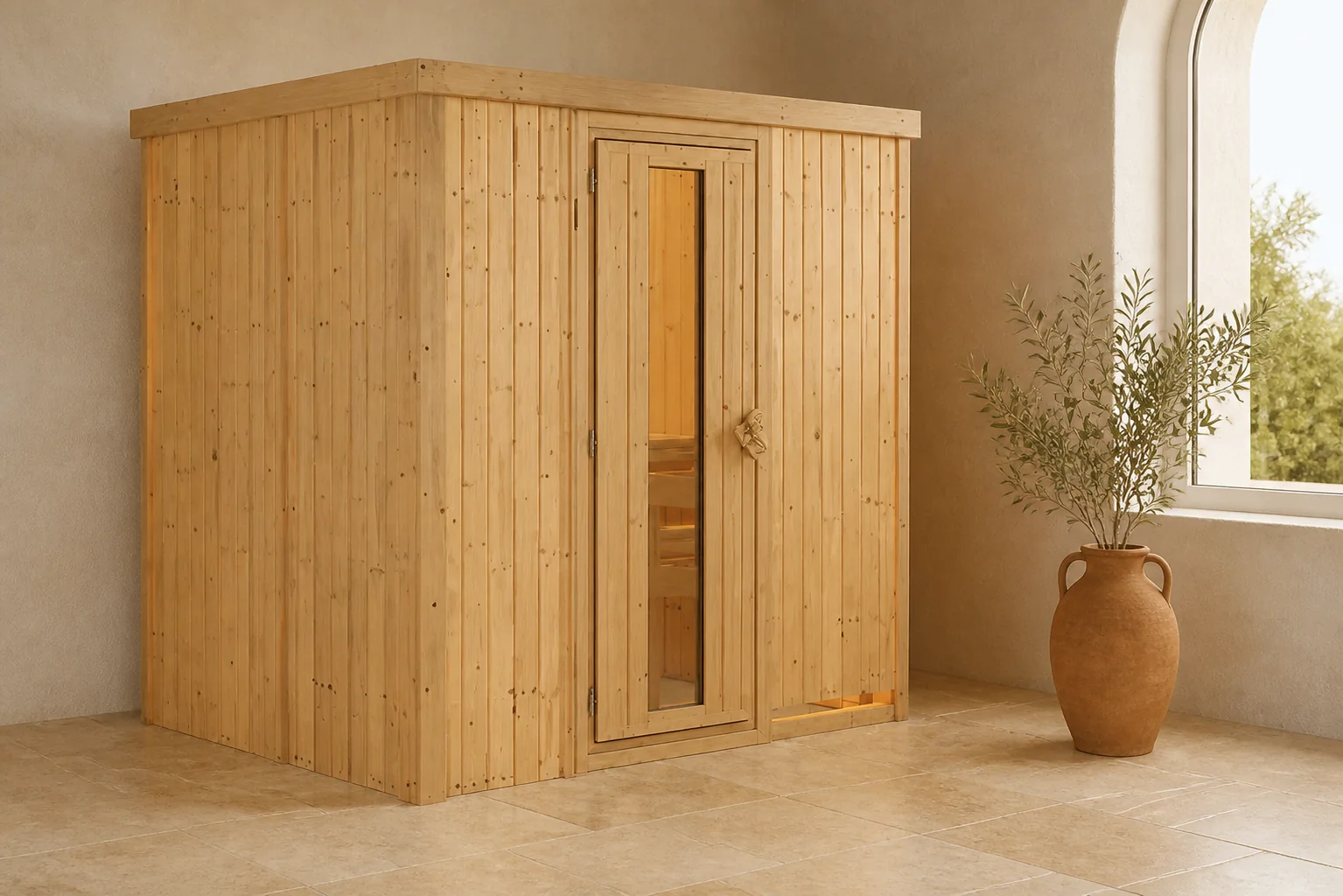 Sfeerfoto van Karibu | Fanja Sauna met Dakkraag | Energiesparende Deur | Biokachel 3,6 kW Externe Bediening