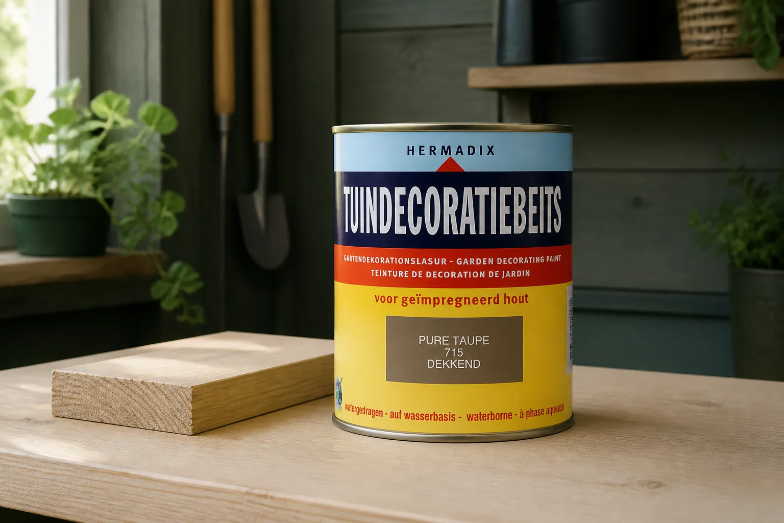 Sfeerfoto van Hermadix Tuindecoratiebeits 715 pure taup 750 ml – wit