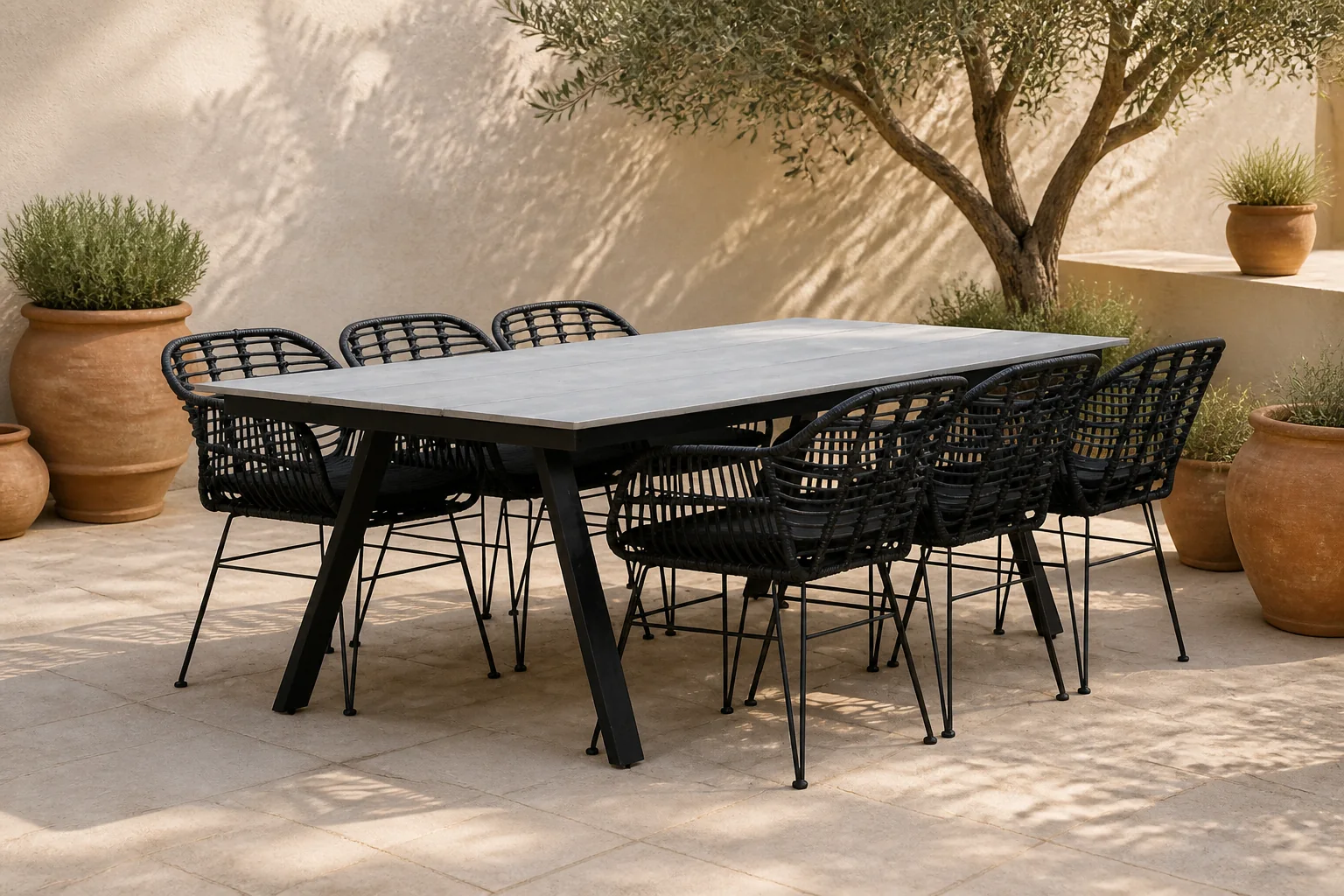 Sfeerfoto van LUX outdoor living Oslo Grey/Napels dining tuinset | 6 personen | polywood + wicker | 220cm – Zwart, Grijs