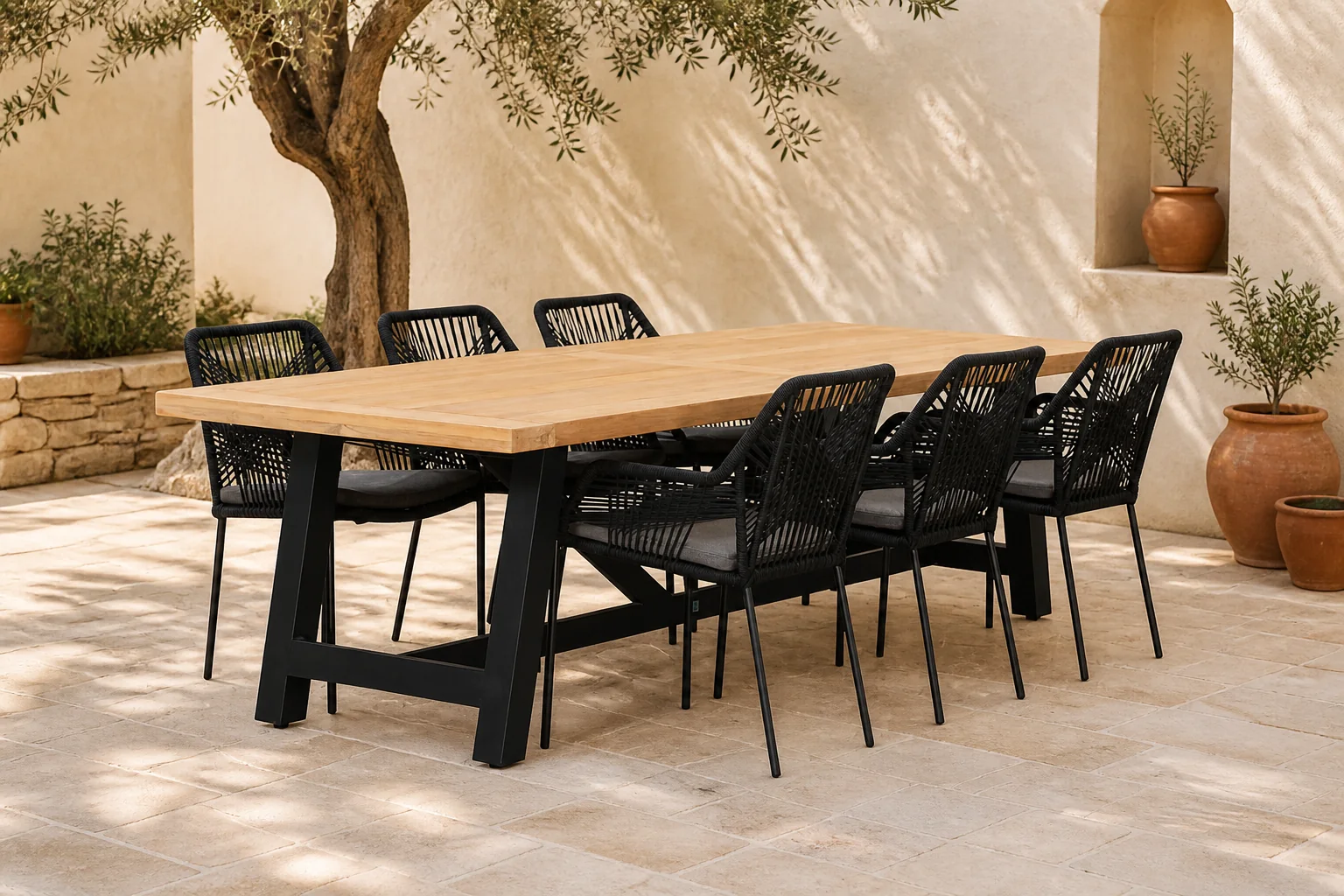 Sfeerfoto van LUX outdoor living James/Seville zwart dining tuinset | 6 personen | teakhout + touw | 260cm – Grijs