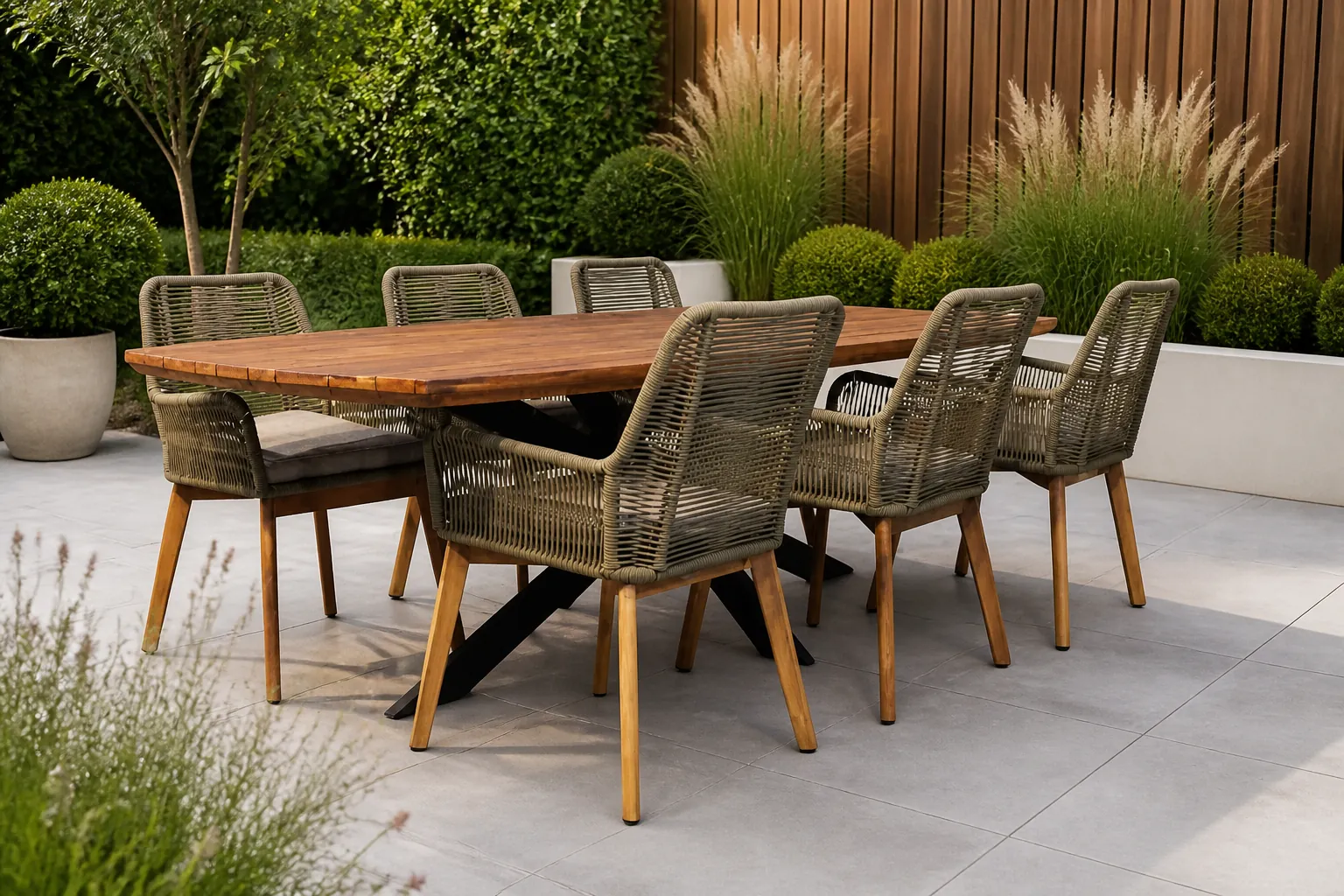 Sfeerfoto van LUX outdoor living Salo/Padua dining tuinset | 6 personen | hardhout + touw | 240cm – Grijs