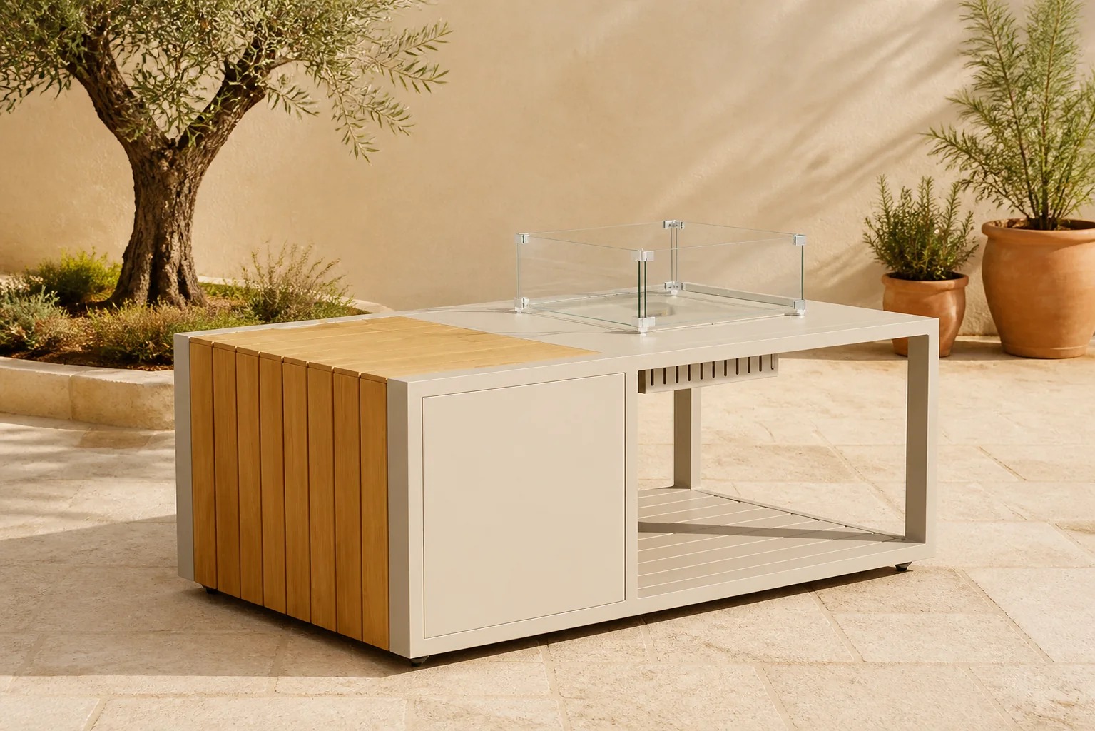 Sfeerfoto van Santika Furniture Amida lounge vuurtafel 130 x 80 cm – Taupe-naturel-bruin