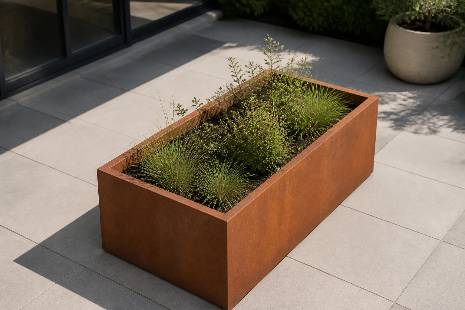 Sfeerfoto van Geroba Artesa Rechthoekige plantenbak cortenstaal L200 x B100 x H80 cm – bruin
