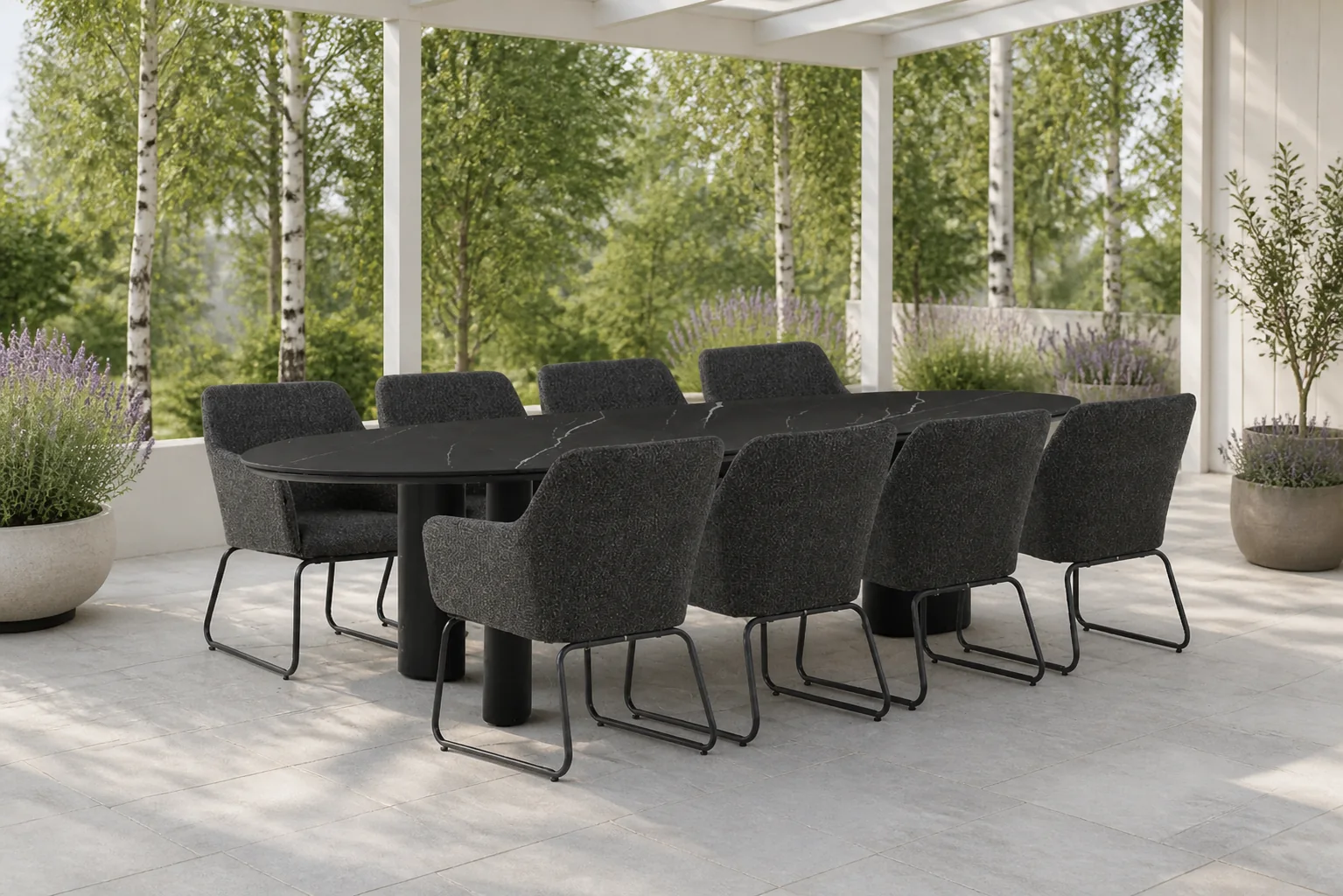 Sfeerfoto van Lifestyle Garden Furniture Lugo/Weave 300 cm dining tuinset 9-delig – Grijs-antraciet