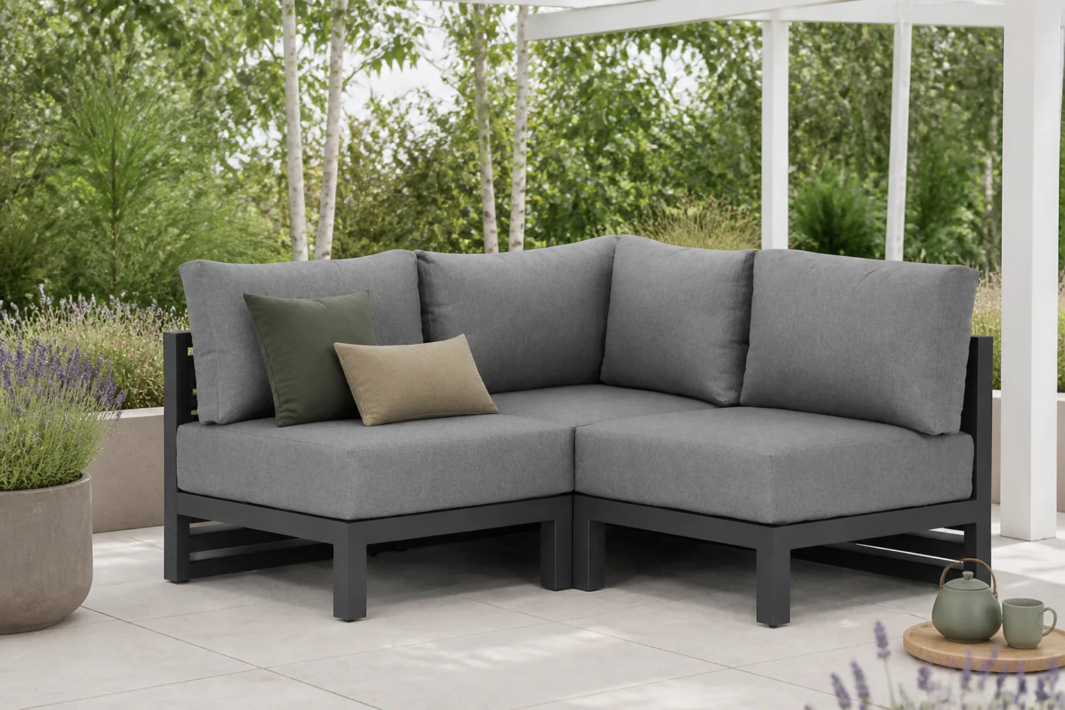 Sfeerfoto van Santika Furniture Jaya hoek loungeset 3-delig – Grijs-antraciet