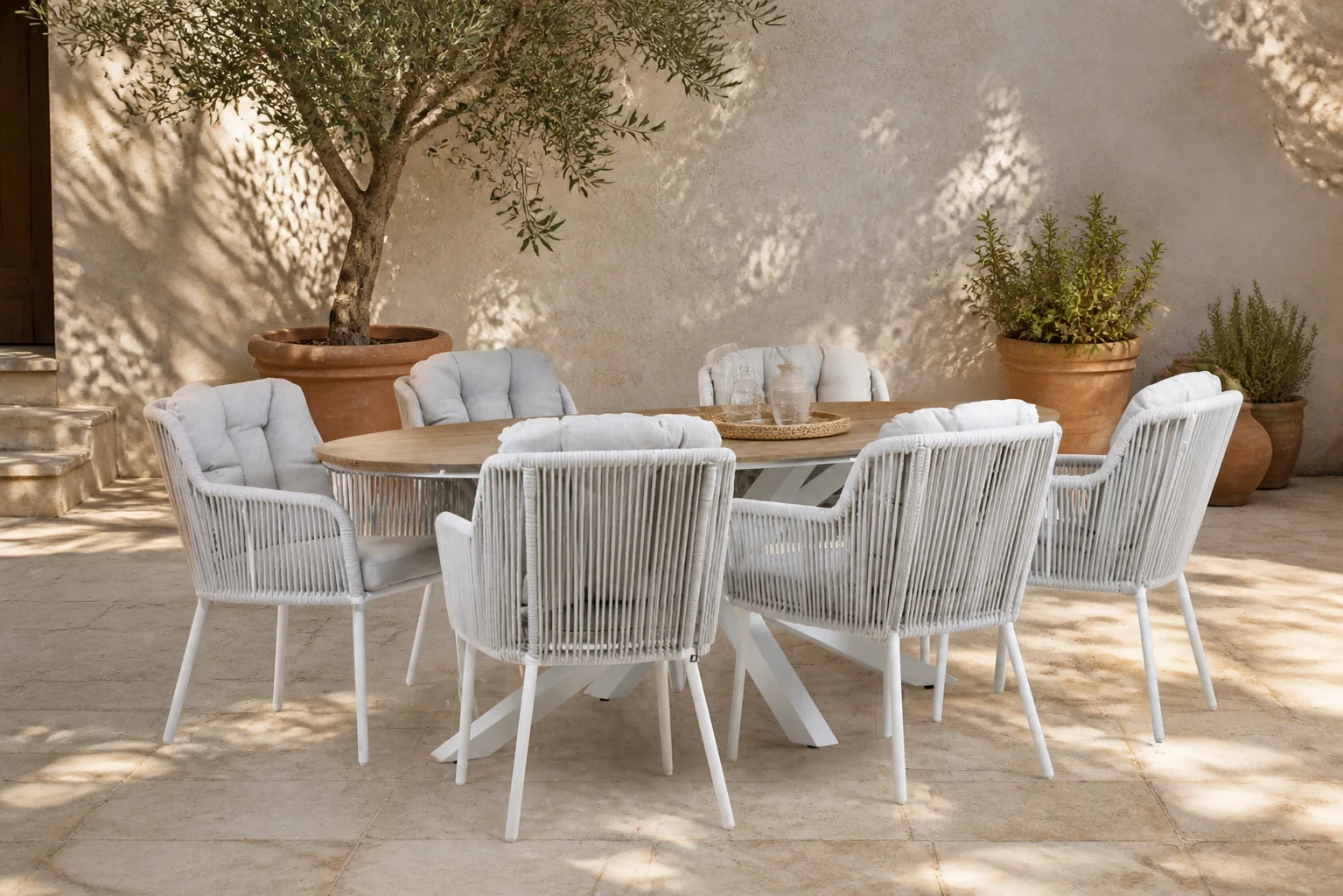 Sfeerfoto van Santika Furniture Tendenza/Panama 220 cm dining tuinset 7-delig – Wit