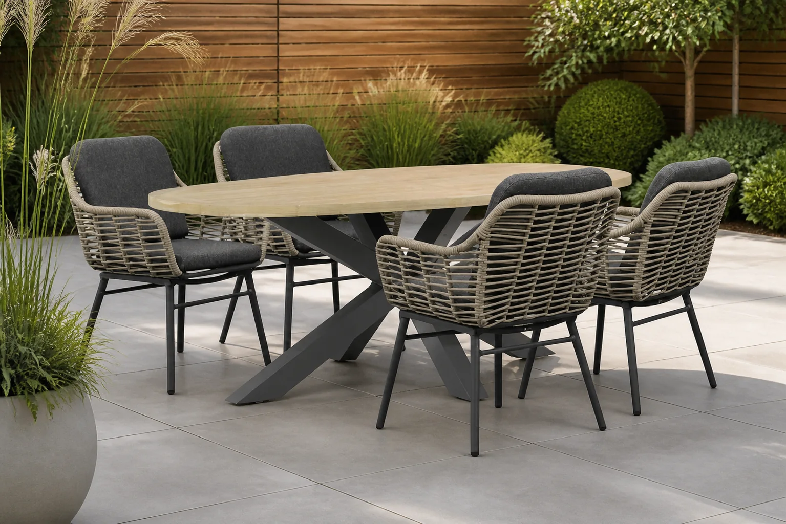Sfeerfoto van Coco Antoni/Brookline 200×110 cm dining tuinset 5-delig – Grijs-antraciet