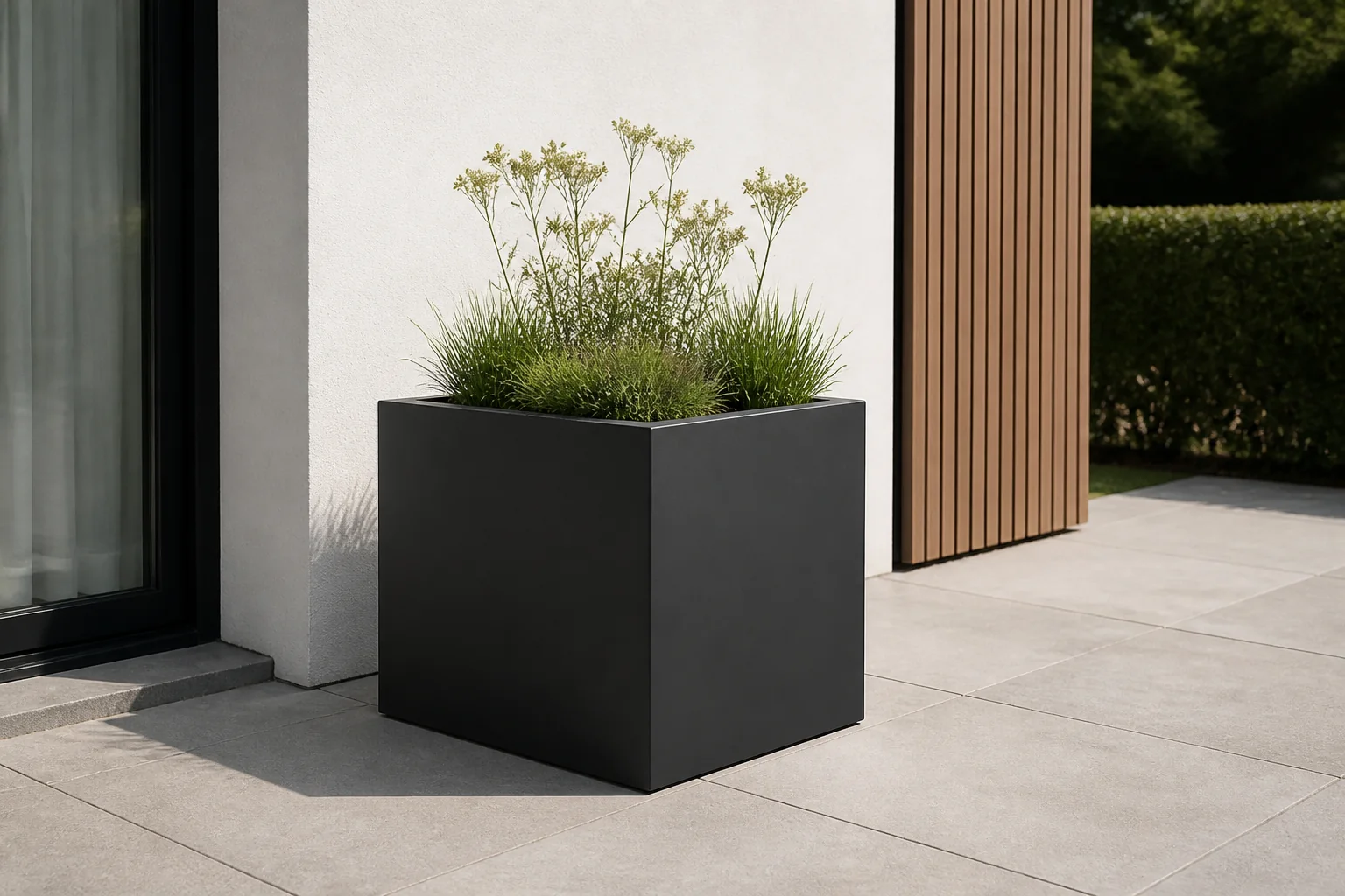 Sfeerfoto van Geroba Quadrus vierkante Aluminium plantenbakken 700 x 700 x 700 mm – zwart