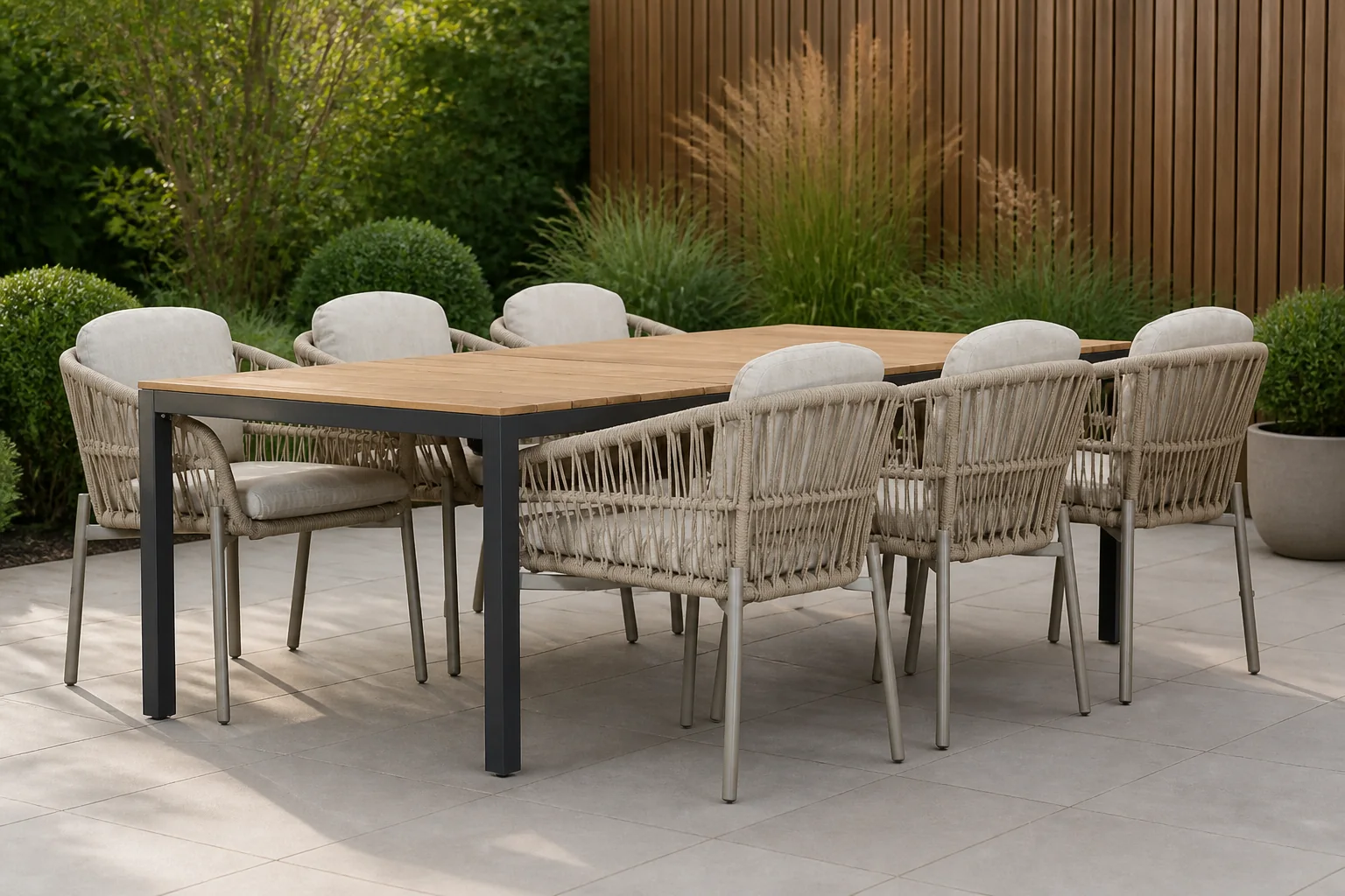 Sfeerfoto van LUX outdoor living Delta/Rico zand dining tuinset | 6 personen | teakhout + aluminium | 220cm