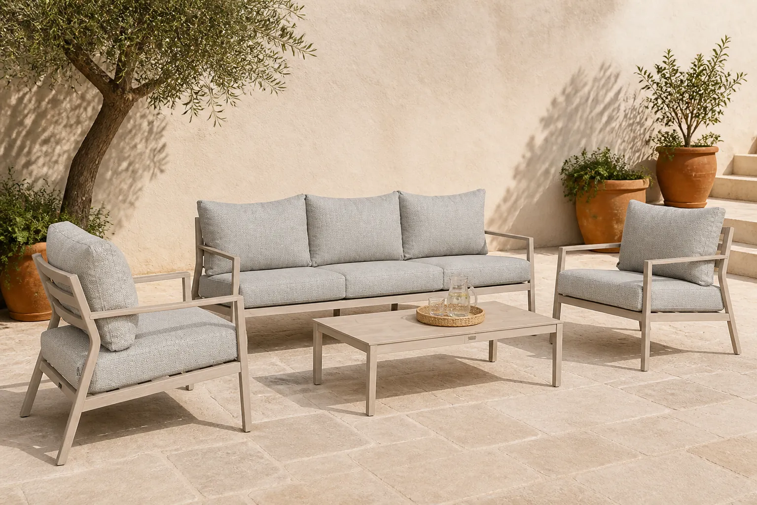 Sfeerfoto van Lifestyle Garden Furniture Verano stoel-bank loungeset 4-delig – Taupe-naturel-bruin
