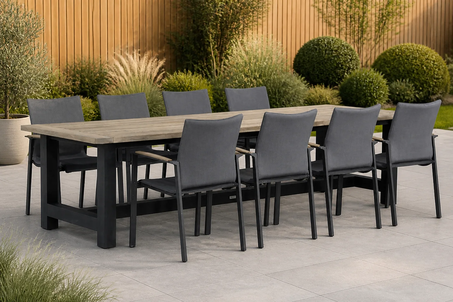 Sfeerfoto van Lifestyle Garden Furniture Brandon/San Francisco 300 cm dining tuinset 9-delig – Grijs-antraciet