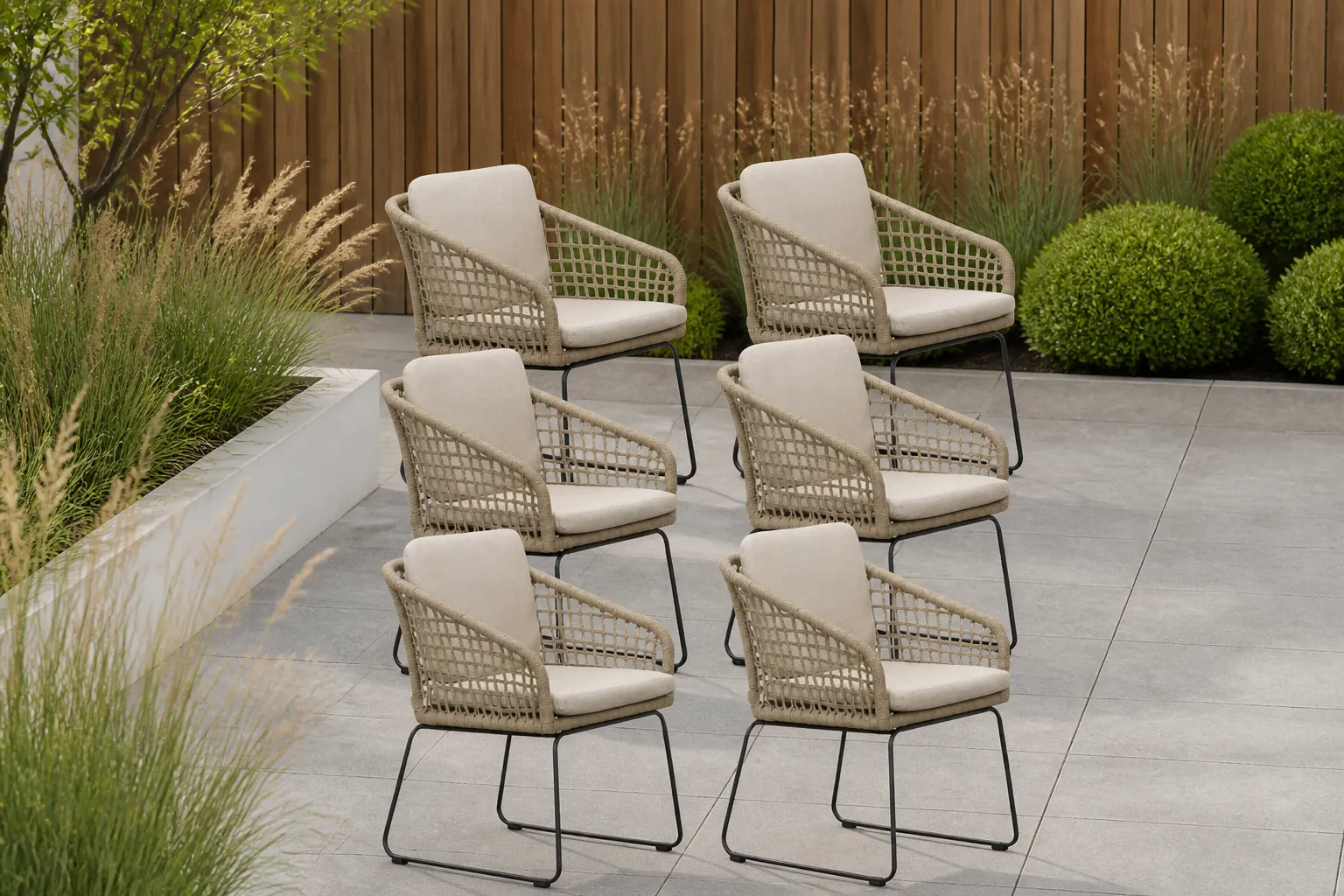 Sfeerfoto van BUITEN living Tulum dining tuinstoel set van 6 | touw + RVS | Sahara Dust – Zand