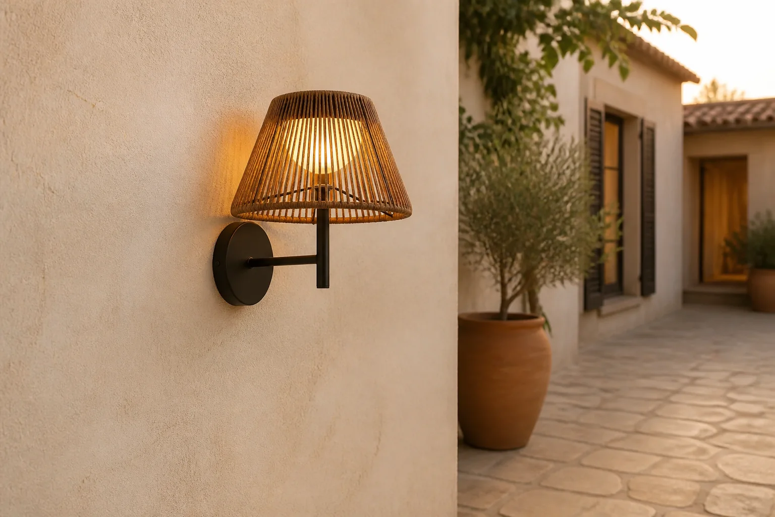 Sfeerfoto van ZOLUNA solar wandlamp buiten Ayla – bruin