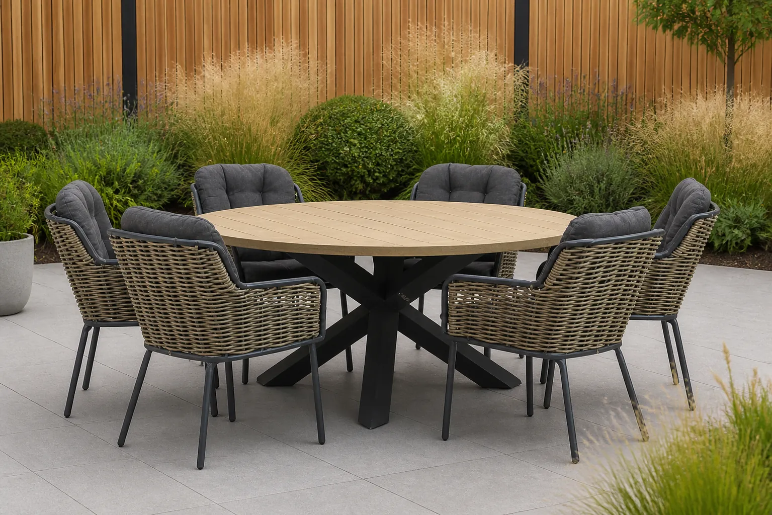 Sfeerfoto van Santika Furniture Fasano/Rockville 160 cm rond dining tuinset 7-delig – Grijs-antraciet