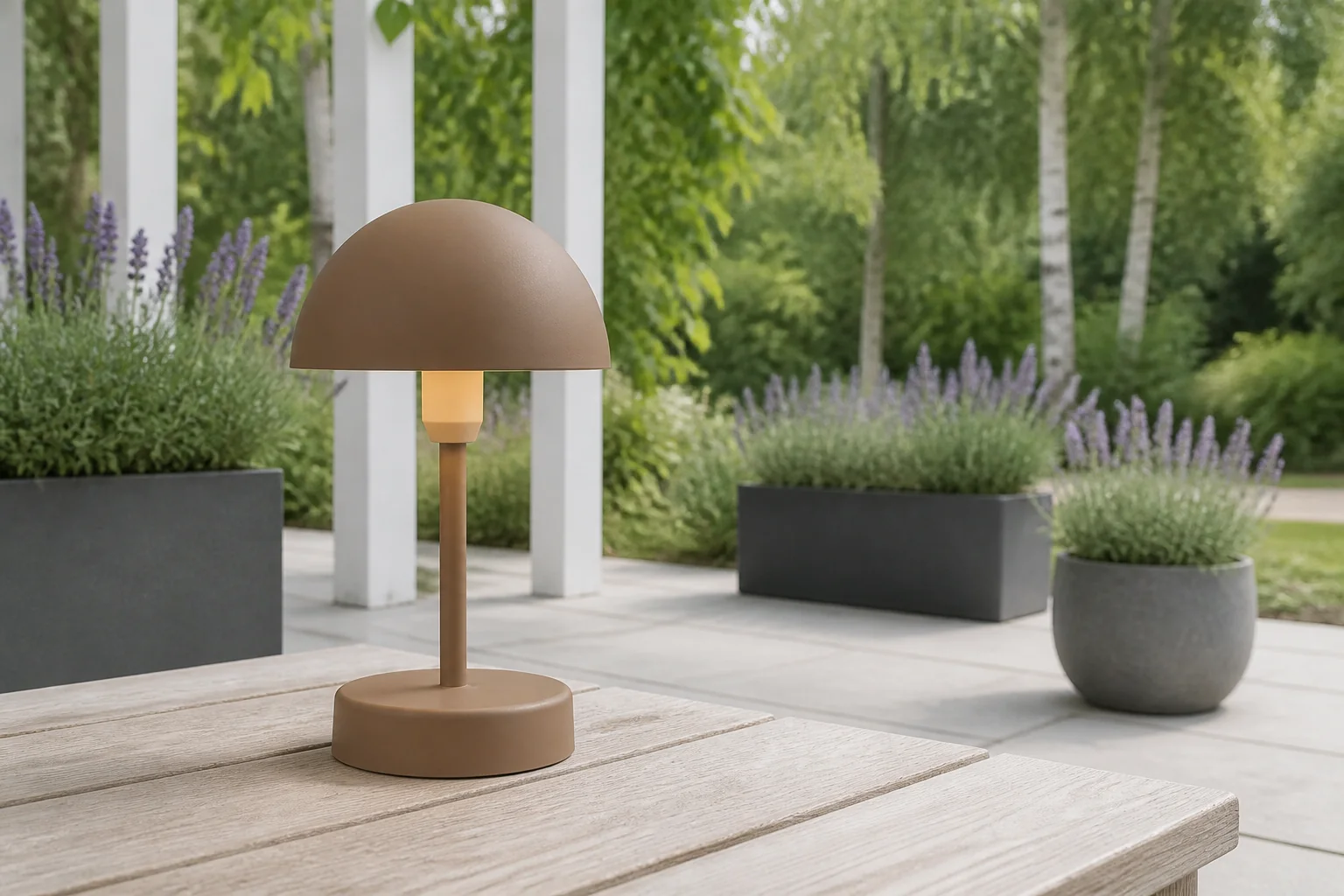 Sfeerfoto van Nordlux tafellamp Ellen To-Go 3,7 Volt – bruin