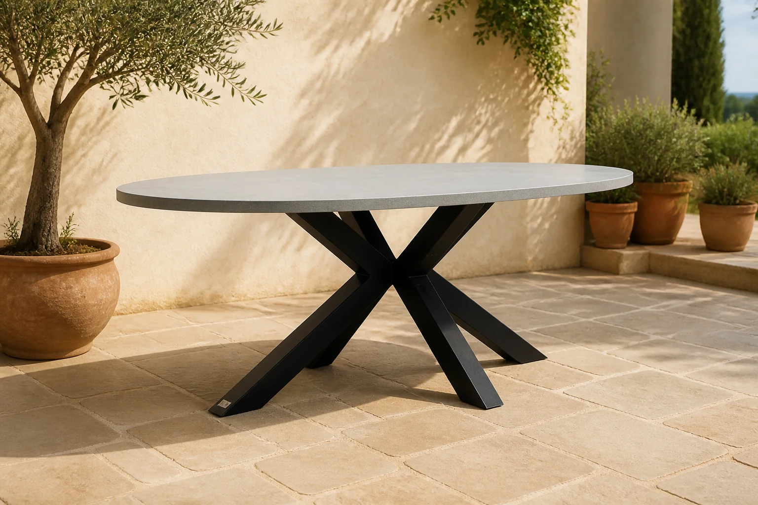 Sfeerfoto van BUITEN living Stockholm dining tuintafel 4 personen | polystone + staal | betonlook | 200cm