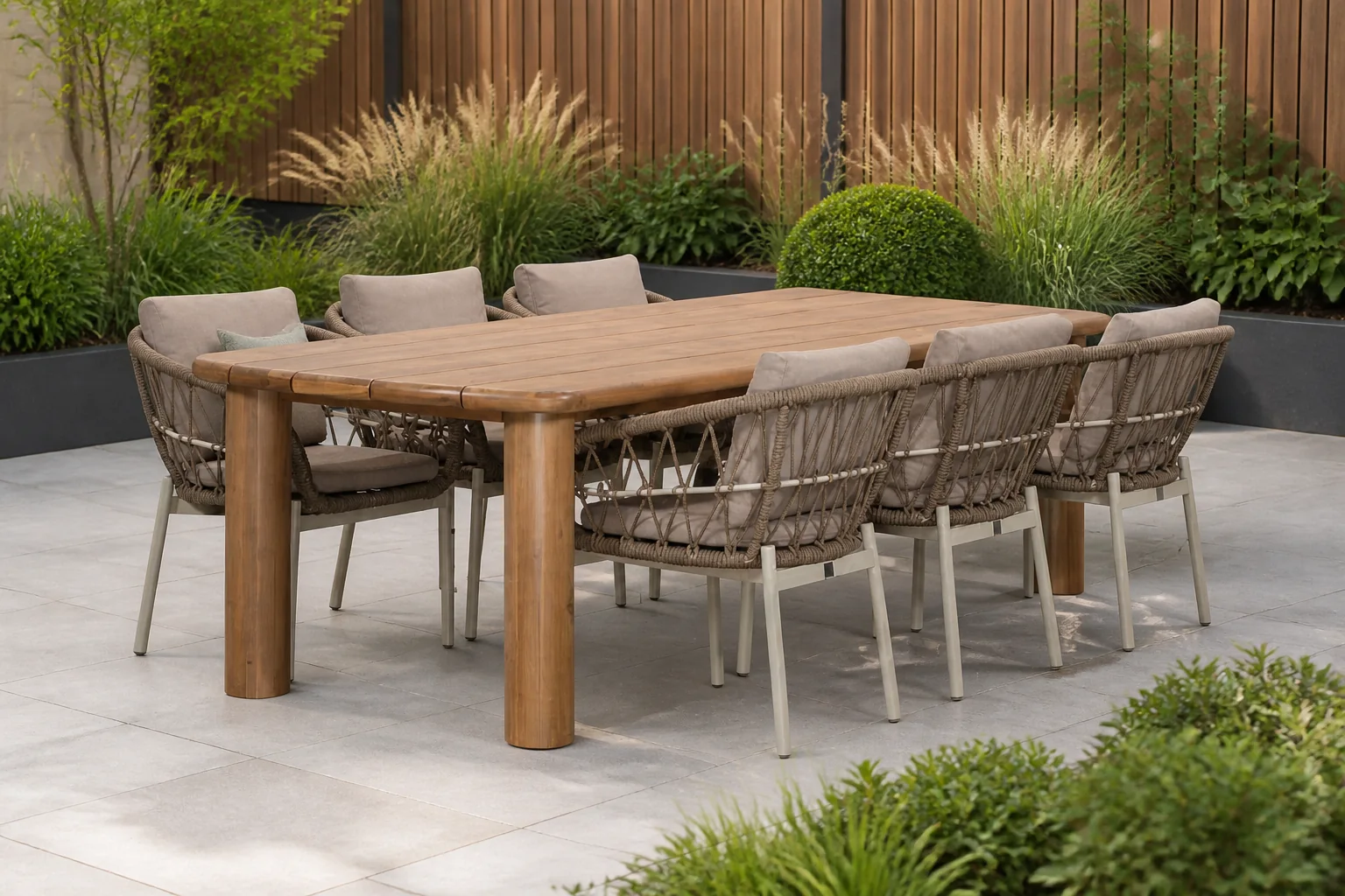 Sfeerfoto van BUITEN living Laredo/Dakota beige/wit dining tuinset | 6 personen | hardhout + touw | 255cm – Zand