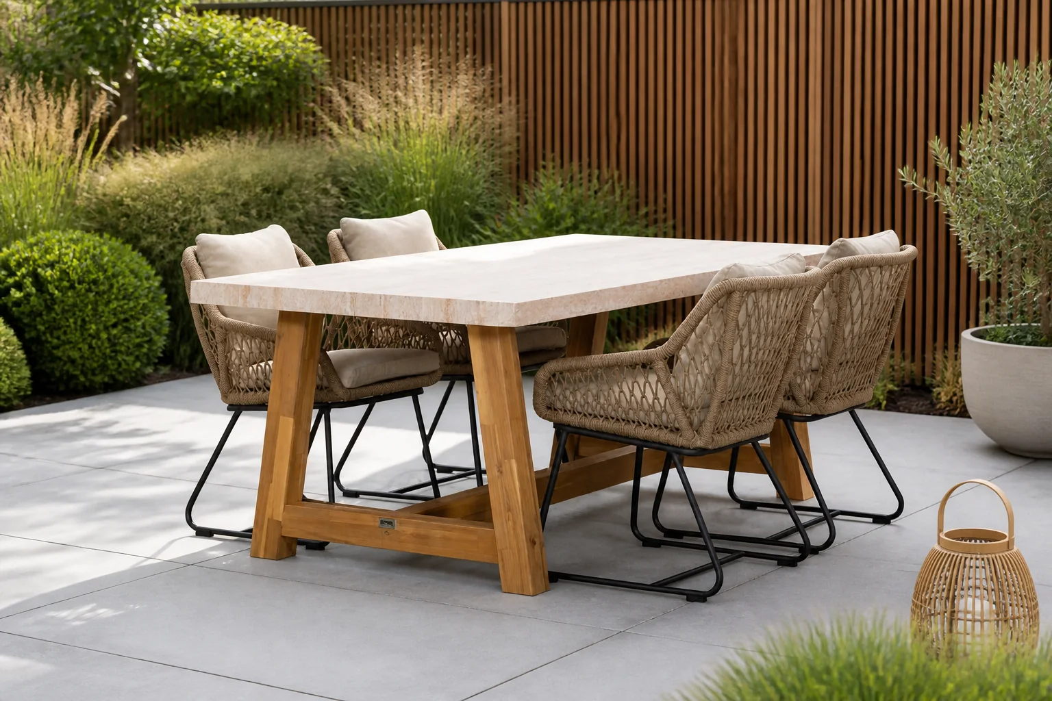 Sfeerfoto van BUITEN living Velora/Portofino Sahara Dust dining tuinset | 4 personen | travertin + touw | 200cm – Zand