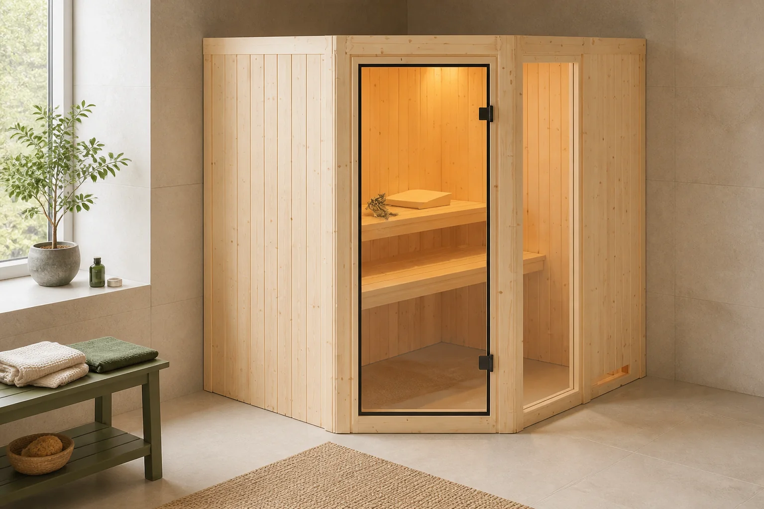 Sfeerfoto van Karibu | Fiona 2 Sauna met Dakkraag | Kachel 9 kW Geïntegreerde Bediening