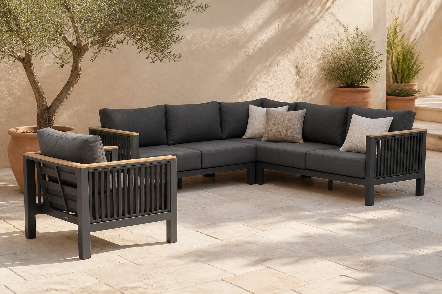 Sfeerfoto van Santika Furniture Shadow hoek loungeset 4-delig – Grijs-antraciet