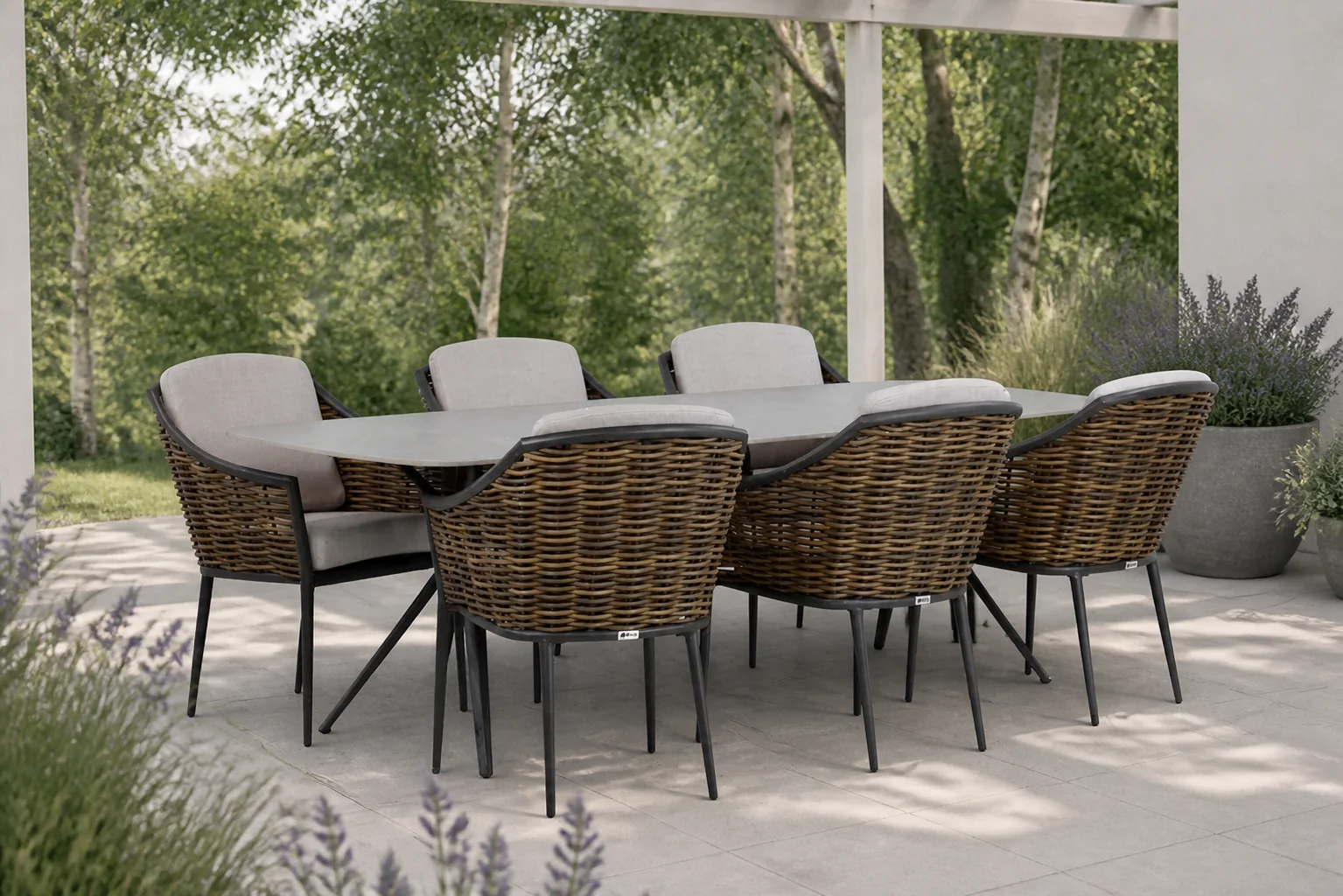 Sfeerfoto van Santika Furniture Coco Olivine/Valerio 240 cm dining tuinset 7-delig – Grijs-antraciet