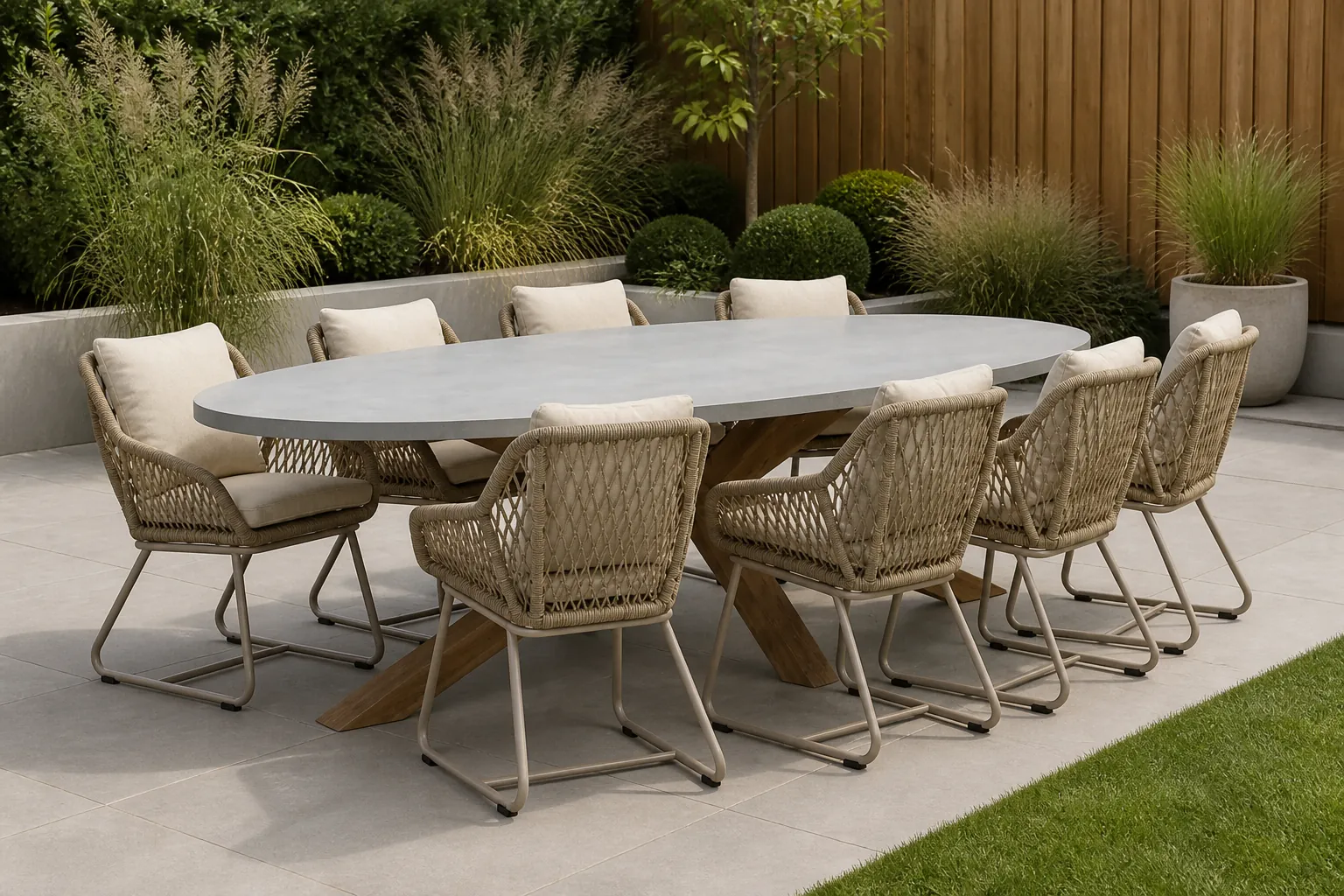 Sfeerfoto van BUITEN living Livorno/Portofino Sandstone dining tuinset | 8 personen | polystone + touw | 280cm – Taupe – Naturel – Bruin, Beige