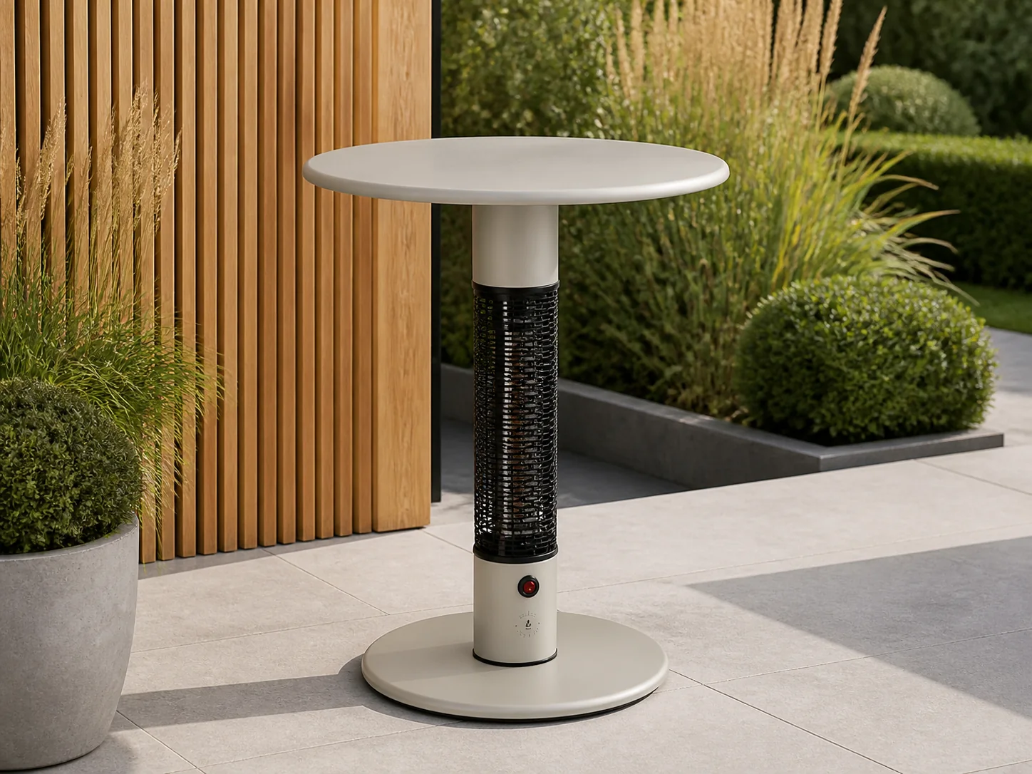 Sfeerfoto van Monti HeatLine + 15% kassakorting | Pulse tafel met terrasverwarmer 1500W ø60cm (h: 75cm) – Taupe