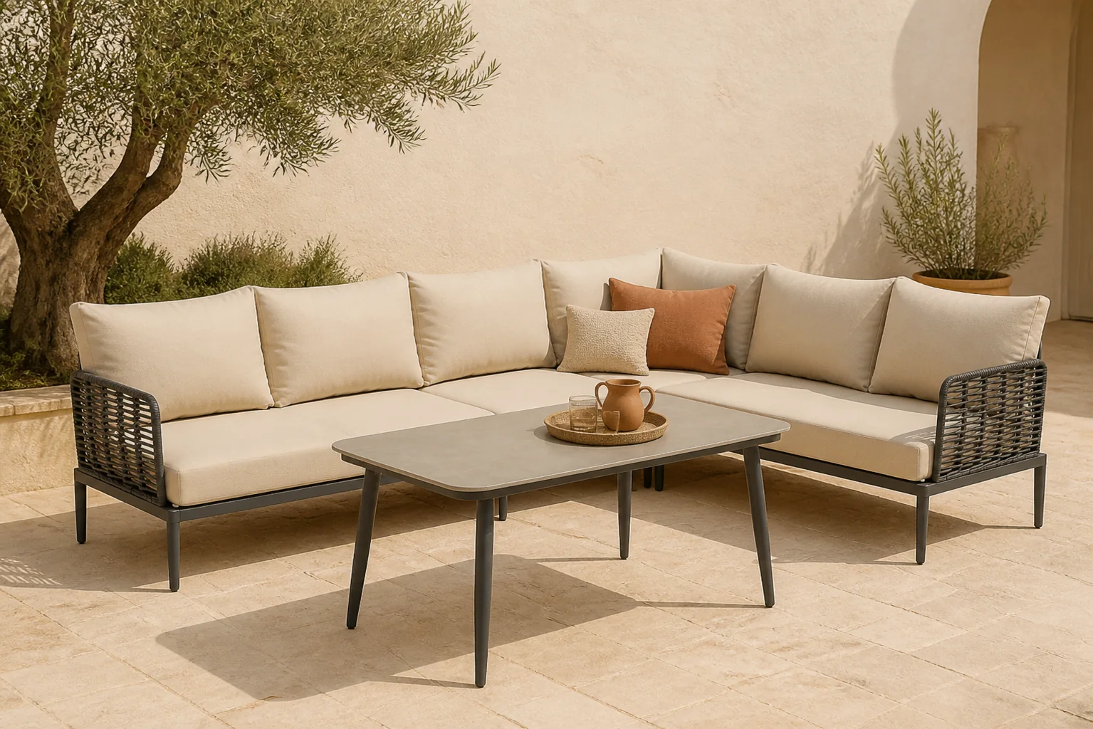 Sfeerfoto van Coco Ibiza hoek loungeset 5-delig – Grijs-antraciet