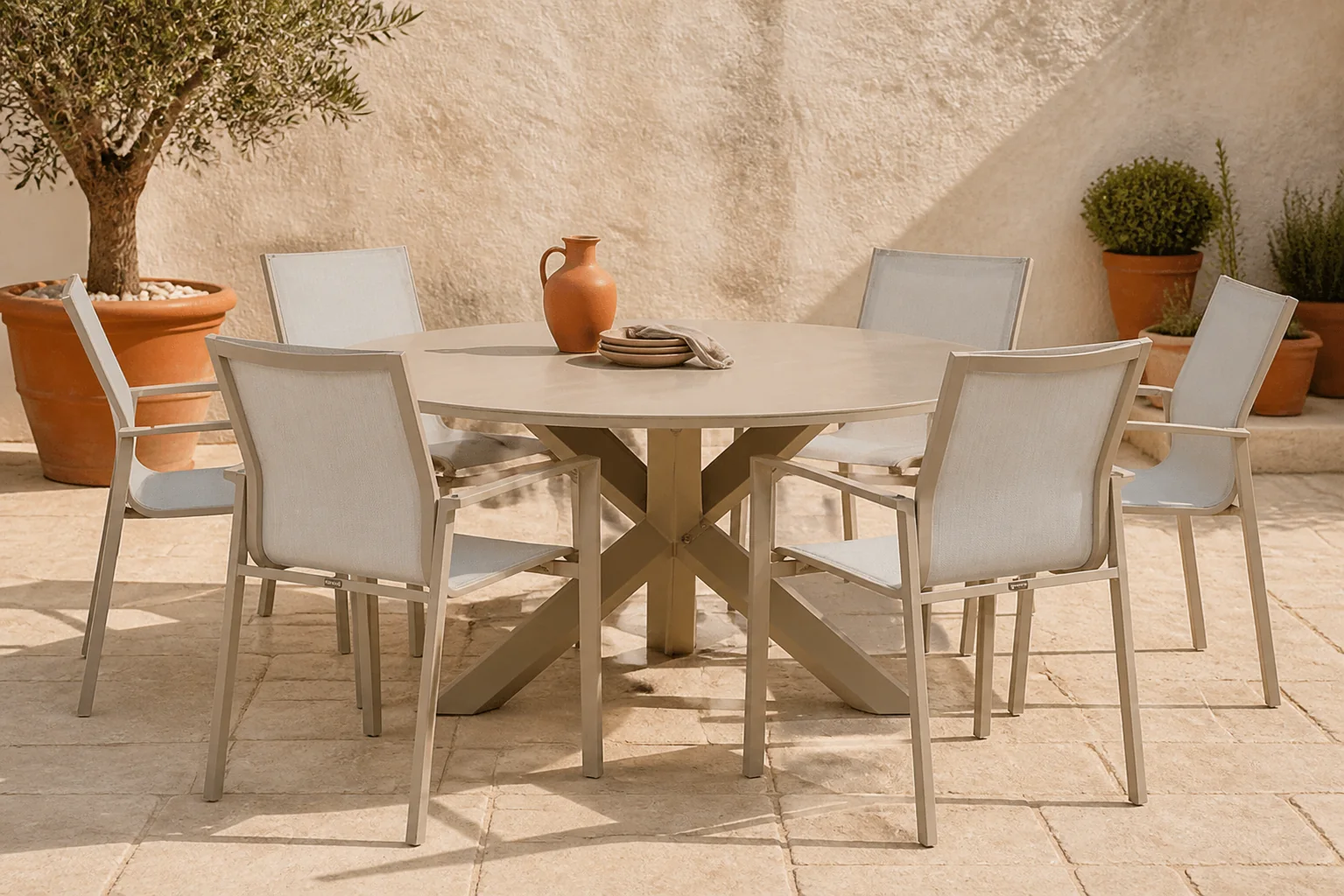 Sfeerfoto van Lifestyle Garden Furniture Timo/Xento 150 cm dining tuinset 7-delig – Zand/Beige
