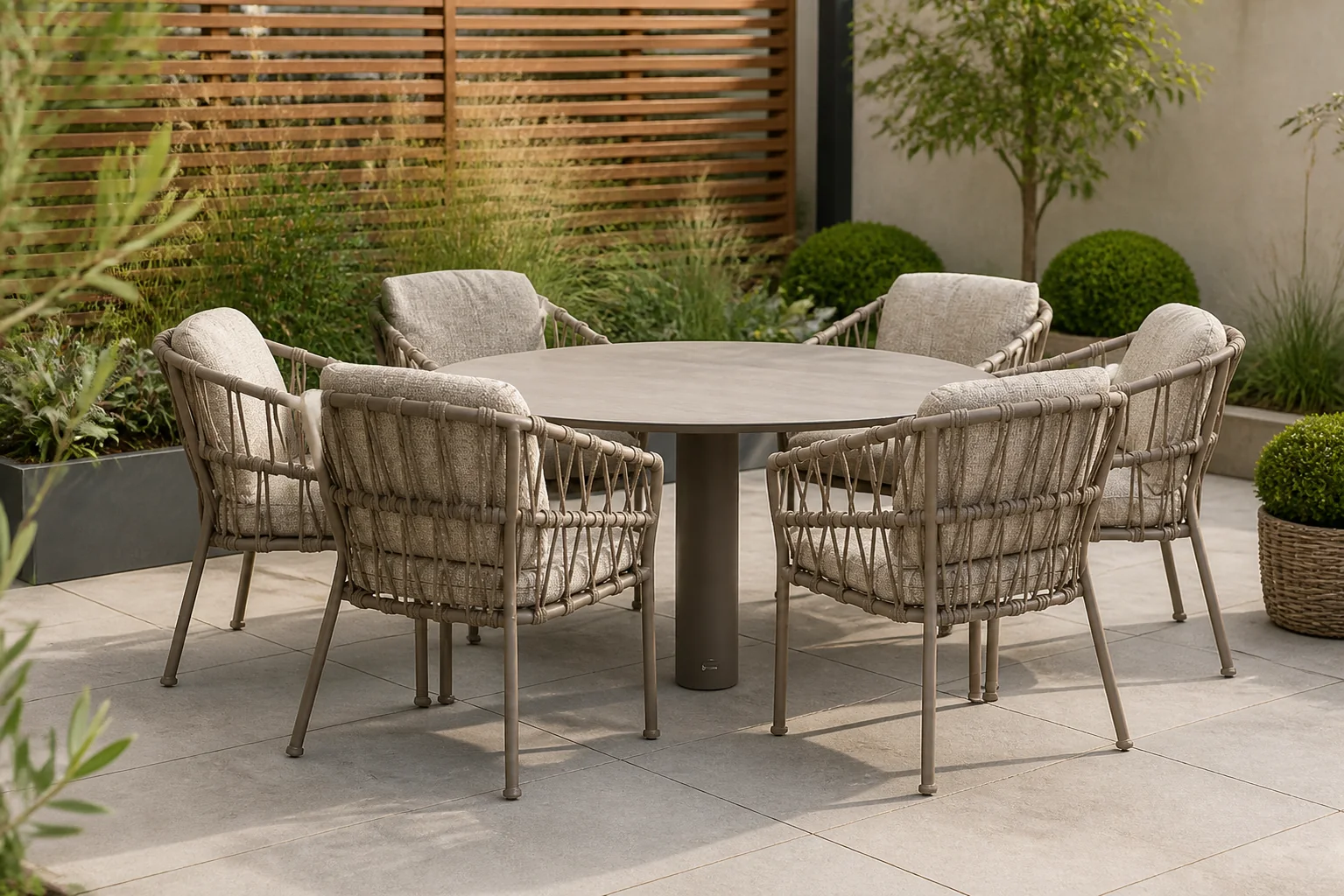 Sfeerfoto van Santika Furniture Miyora/Trino 158 cm dining tuinset 7-delig – Taupe-naturel-bruin