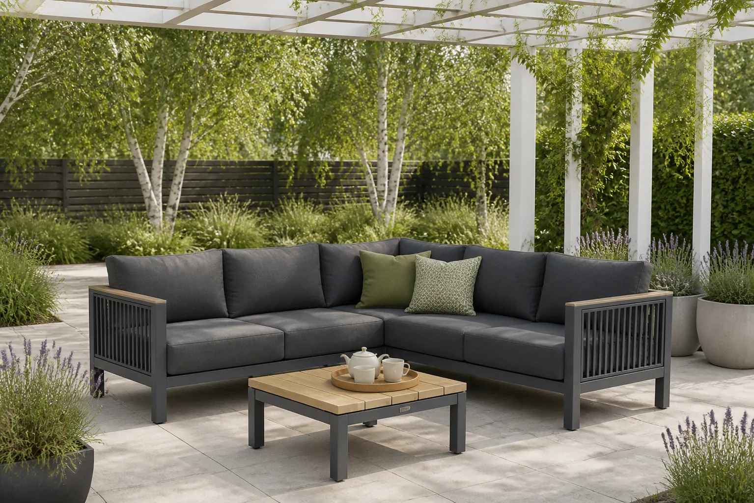 Sfeerfoto van Santika Furniture Shadow/Riviera 75 cm hoek loungeset 4-delig – Grijs-antraciet
