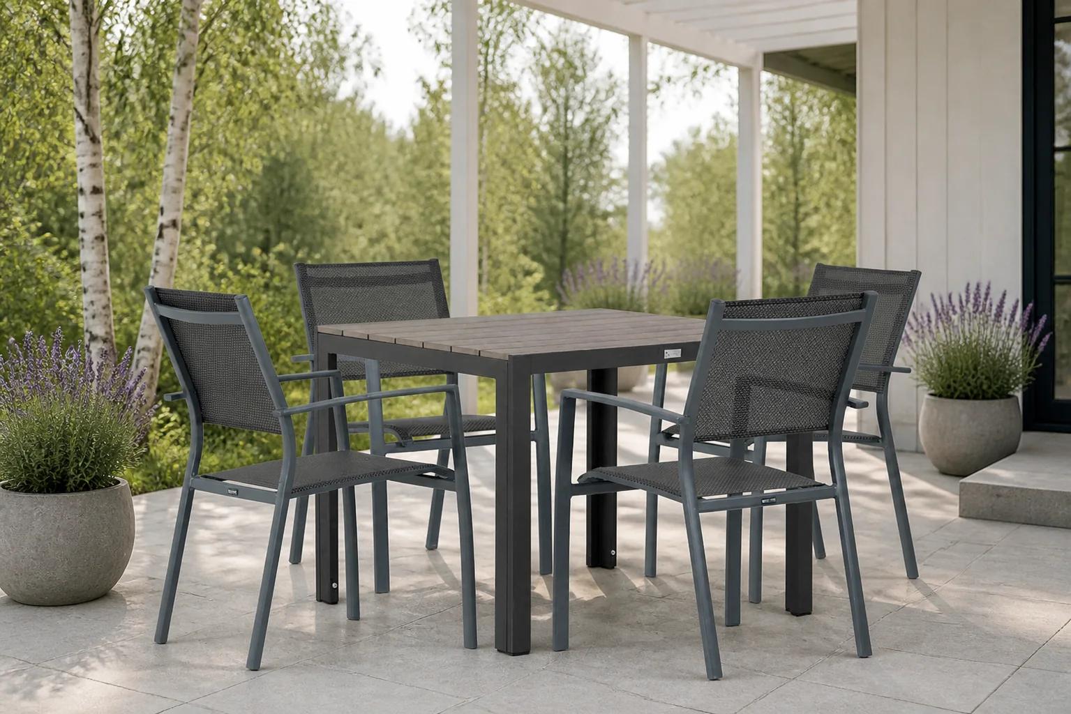 Sfeerfoto van Lifestyle Garden Furniture Sella/Young 92 cm dining tuinset 5-delig – Grijs-antraciet