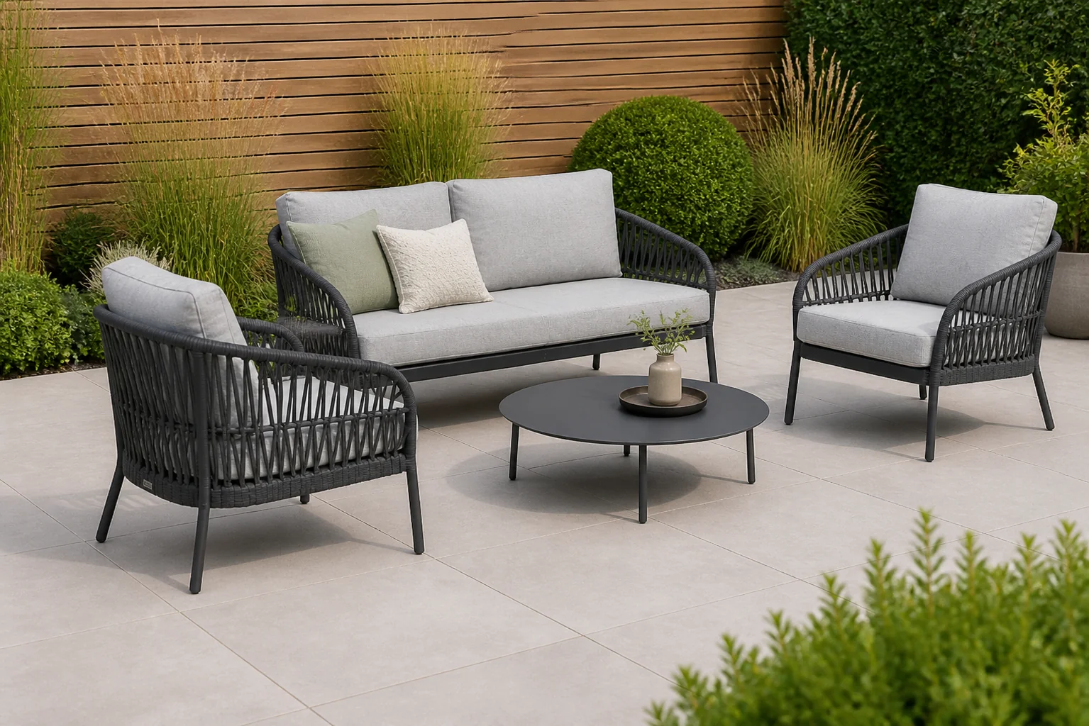 Sfeerfoto van Coco Puerto/Pacific 100 cm stoel-bank loungeset 4-delig – Grijs-antraciet