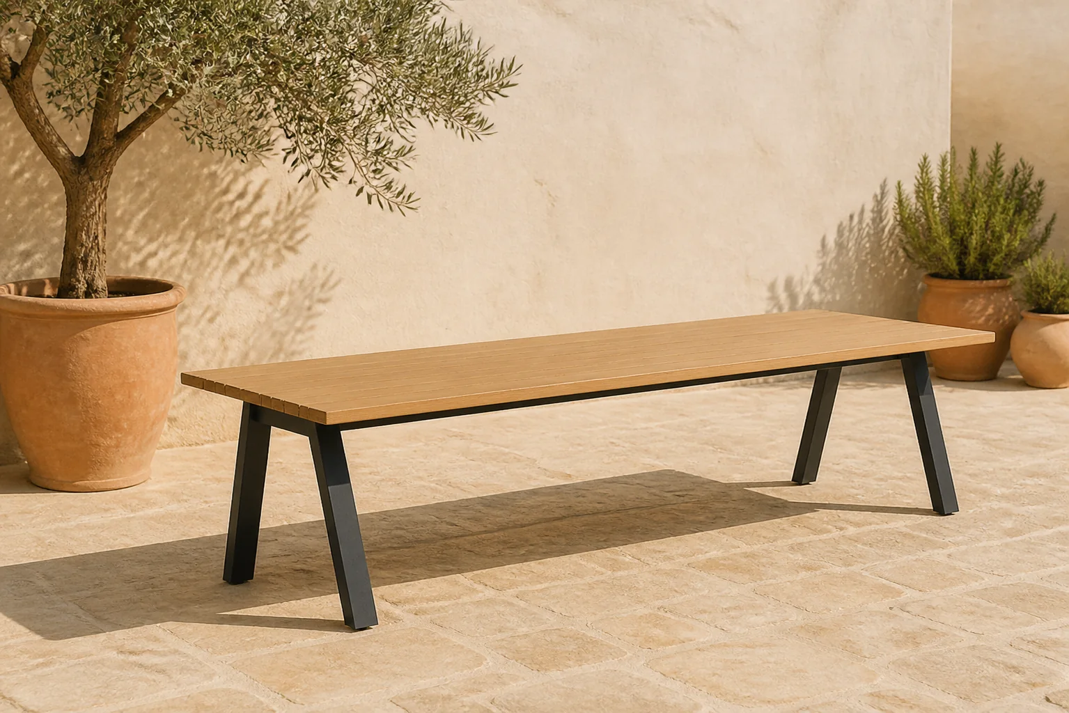Sfeerfoto van 4 Seasons Outdoor Ambassador dining tuintafel laag 280 x 100 cm – Taupe-naturel-bruin
