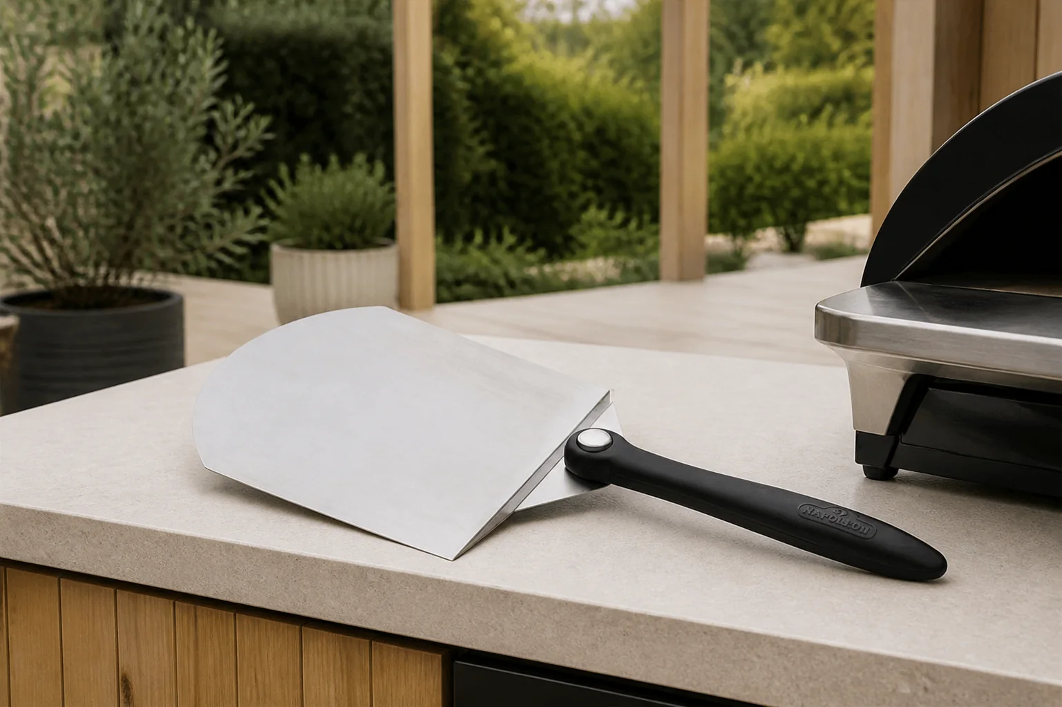 Sfeerfoto van Napoleon grills PRO pizzaspatel inklapbare greep barbecue