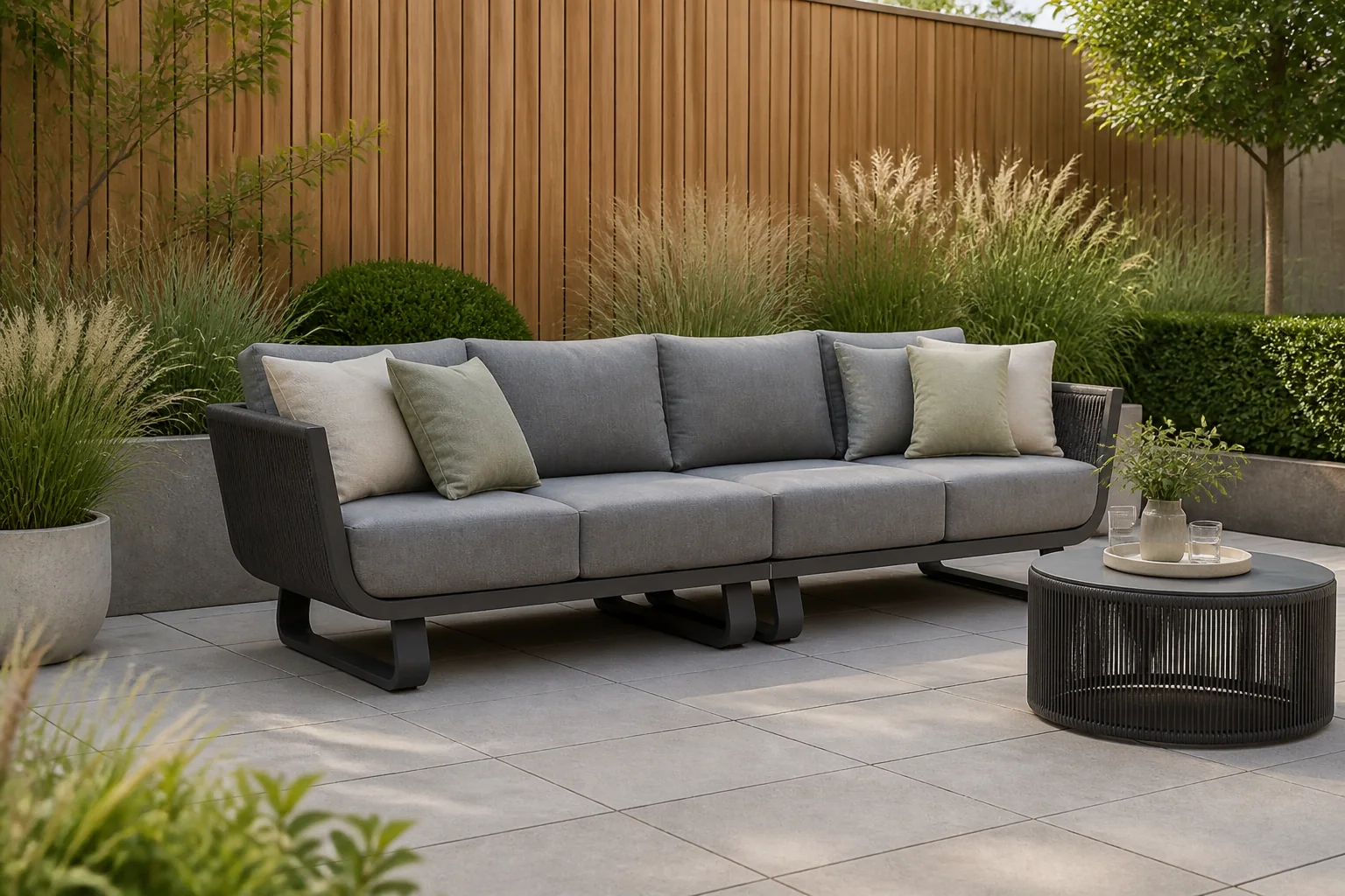 Sfeerfoto van Santika Furniture Corniche loungebank 3-delig – Grijs-antraciet