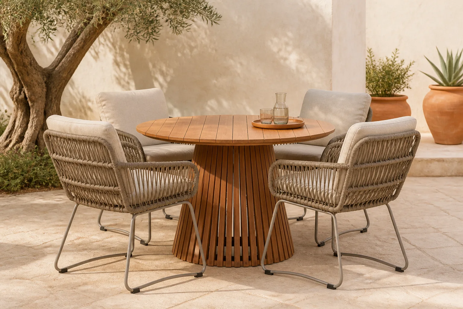 Sfeerfoto van BUITEN living Palau/Harper Sandstone dining tuinset | 4 personen | teakhout + touw | 120cm – Zand