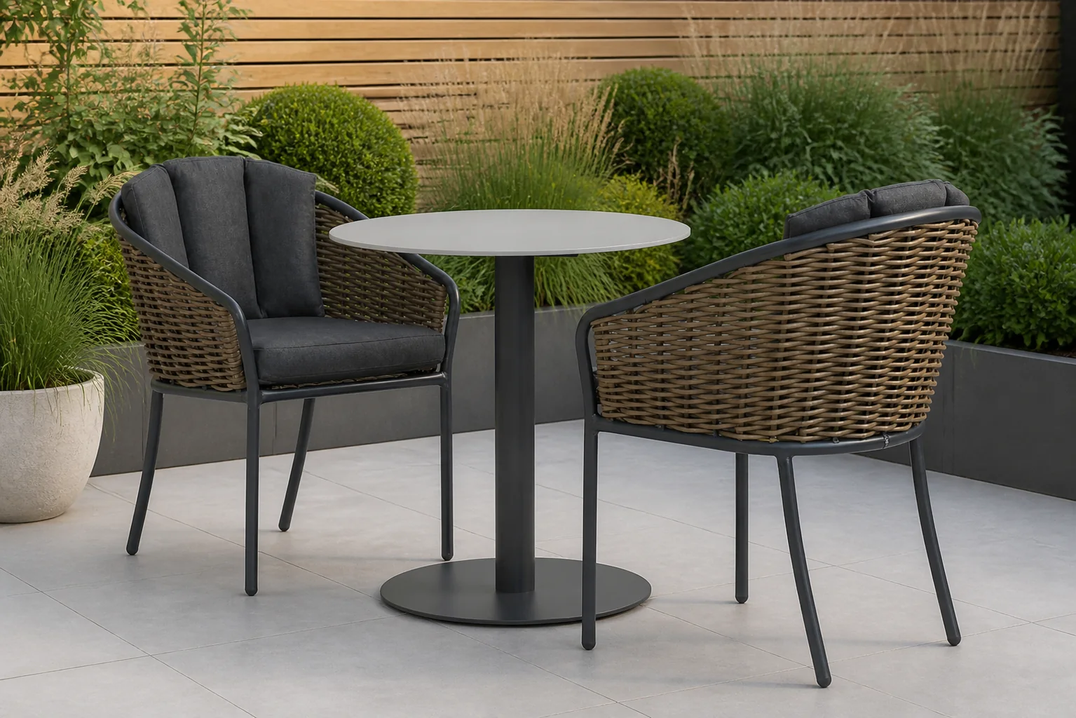 Sfeerfoto van Santika Furniture Tika/Como 70 cm bistroset 3-delig – Grijs-antraciet