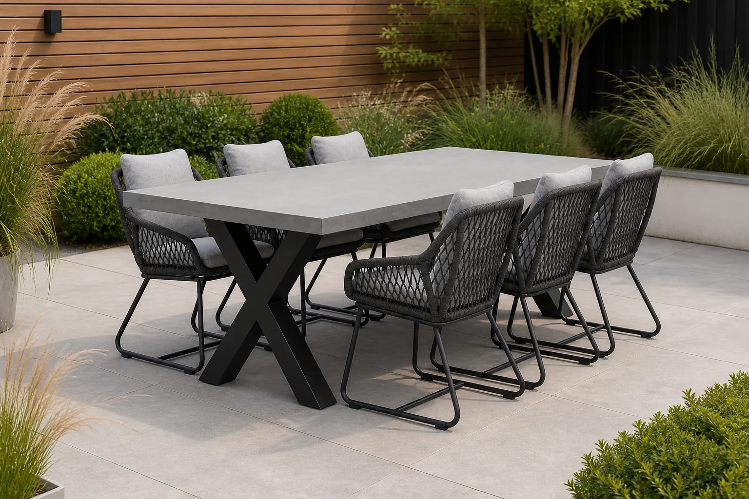 Sfeerfoto van BUITEN living Lyon betonlook/Portofino Stone Grey dining tuinset | 6 personen | polystone + touw | 250cm