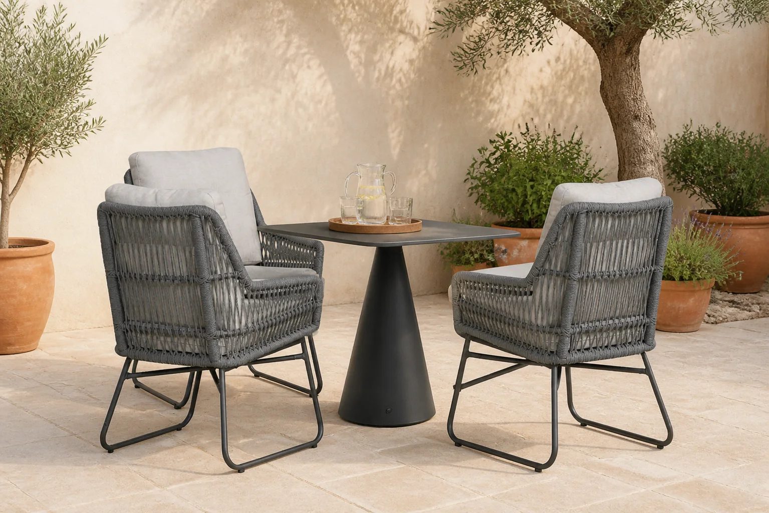 Sfeerfoto van Lifestyle Garden Furniture Vicente/Serino 70×70 cm dining tuinset 5-delig – Grijs-antraciet