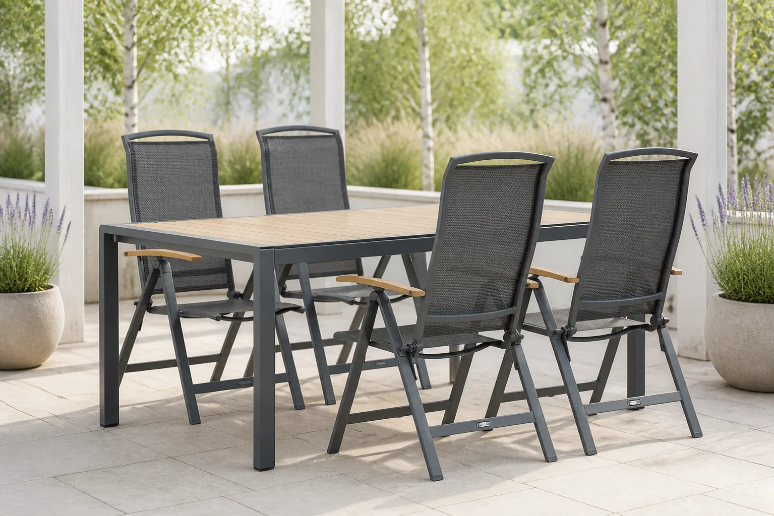 Sfeerfoto van Lifestyle Garden Furniture Rosello/Valence 180 cm dining tuinset 5-delig – Grijs-antraciet