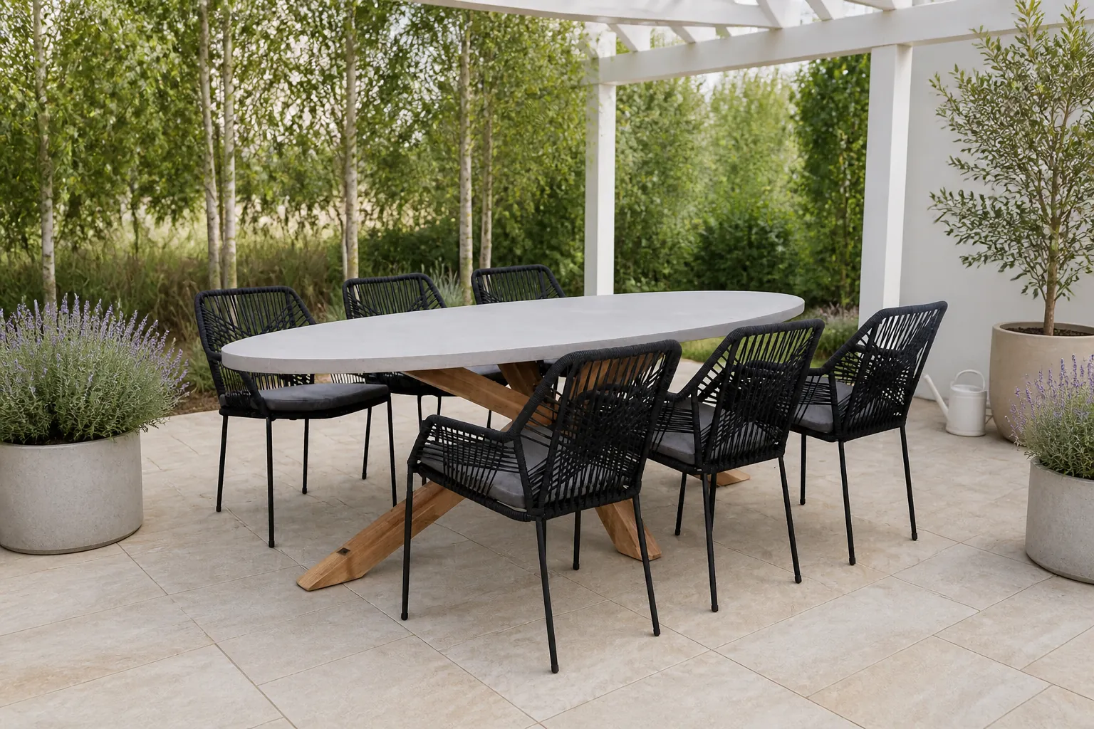 Sfeerfoto van BUITEN living Livorno/Seville zwart dining tuinset | 6 personen | betonlook + touw | 240cm – Betonlook, Zwart