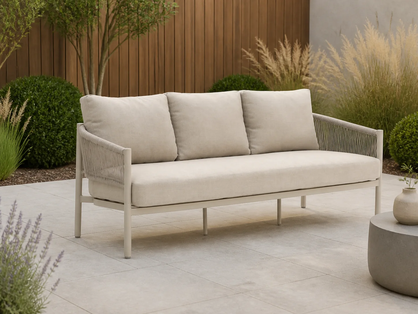 Sfeerfoto van Bellagio tuinmeubelen + 10% kassakorting | Bellagio Panaro lounge tuinbank 3-zits 220cm – Taupe