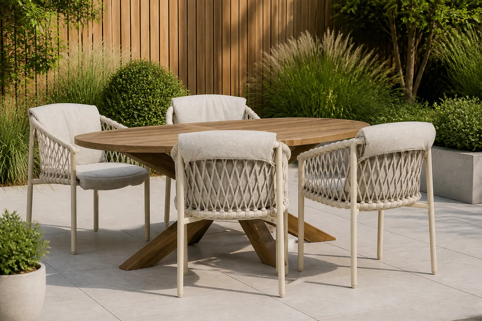Sfeerfoto van 4 Seasons Outdoor Allora/Boston 200 cm dining tuinset 5-delig – Taupe-naturel-bruin
