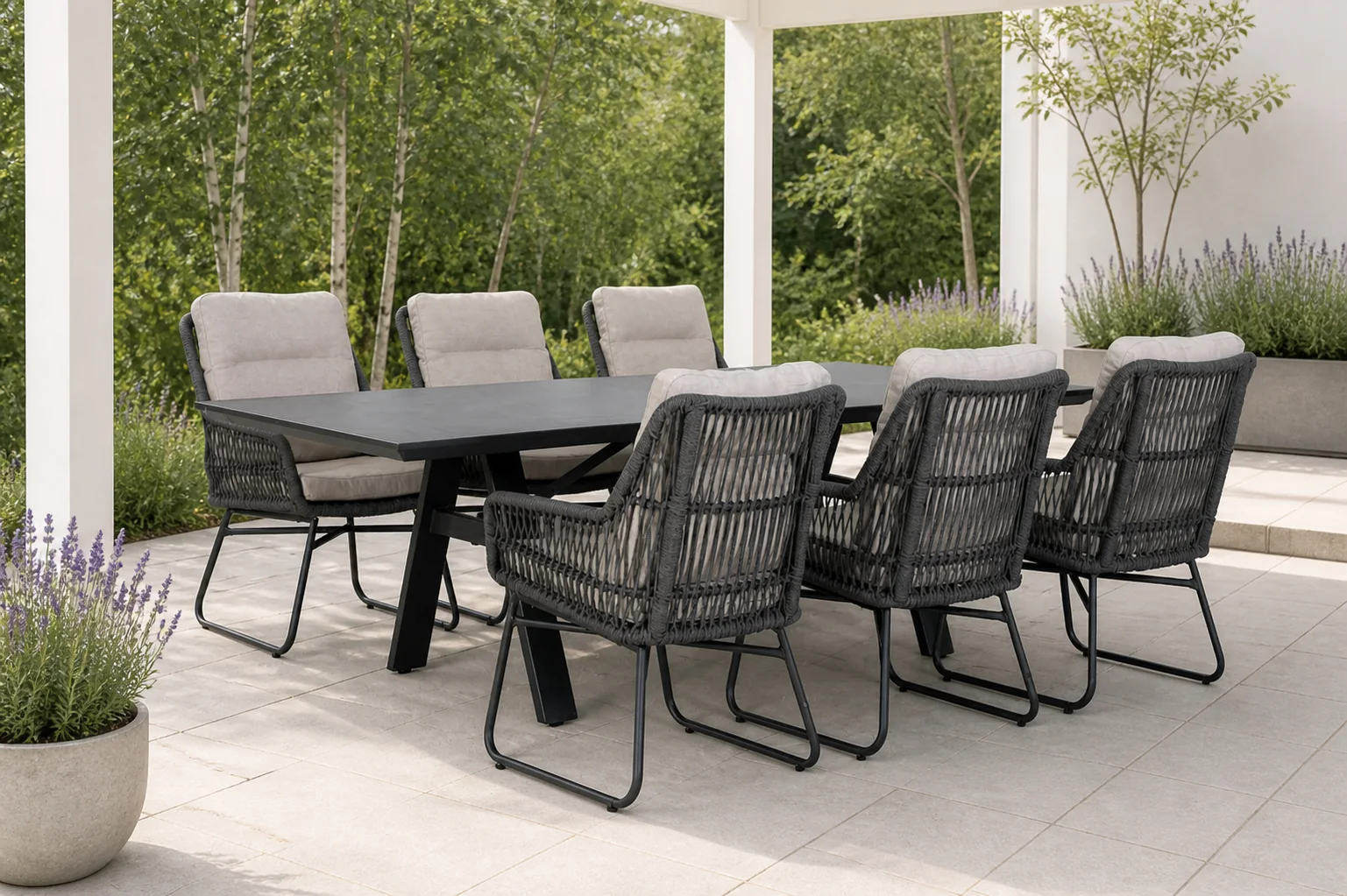 Sfeerfoto van Lifestyle Garden Furniture Vicente/Monza 230 cm dining tuinset 7-delig – Grijs-antraciet