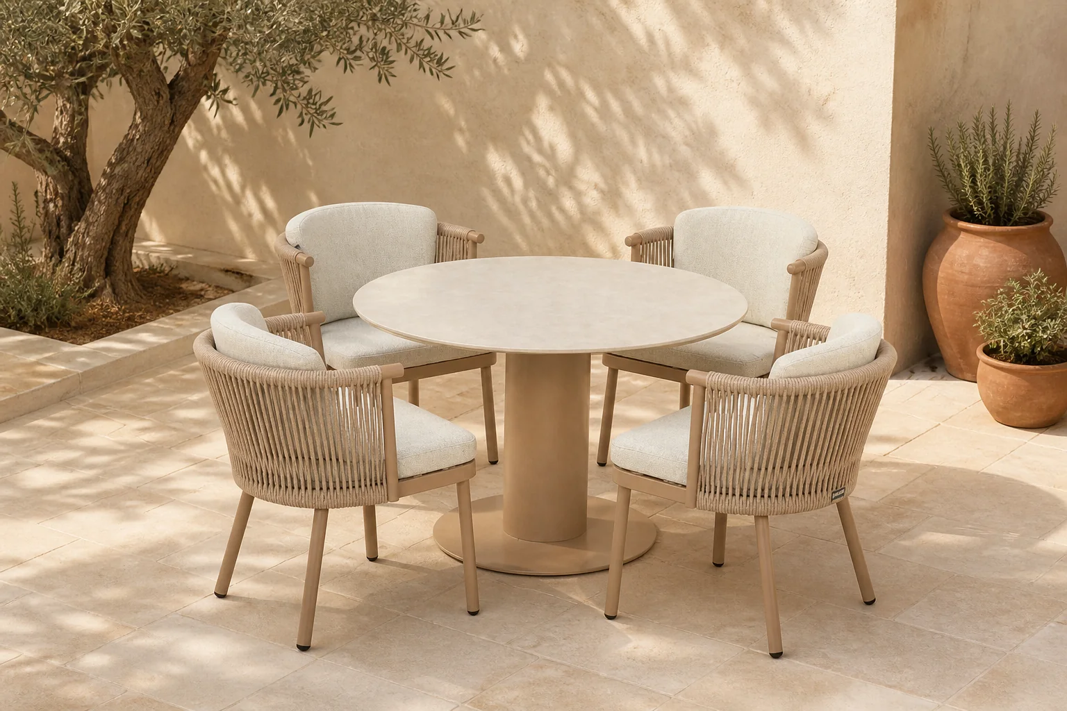 Sfeerfoto van Hartman Toledo/Girona 120 cm dining tuinset 5-delig – Taupe-naturel-bruin