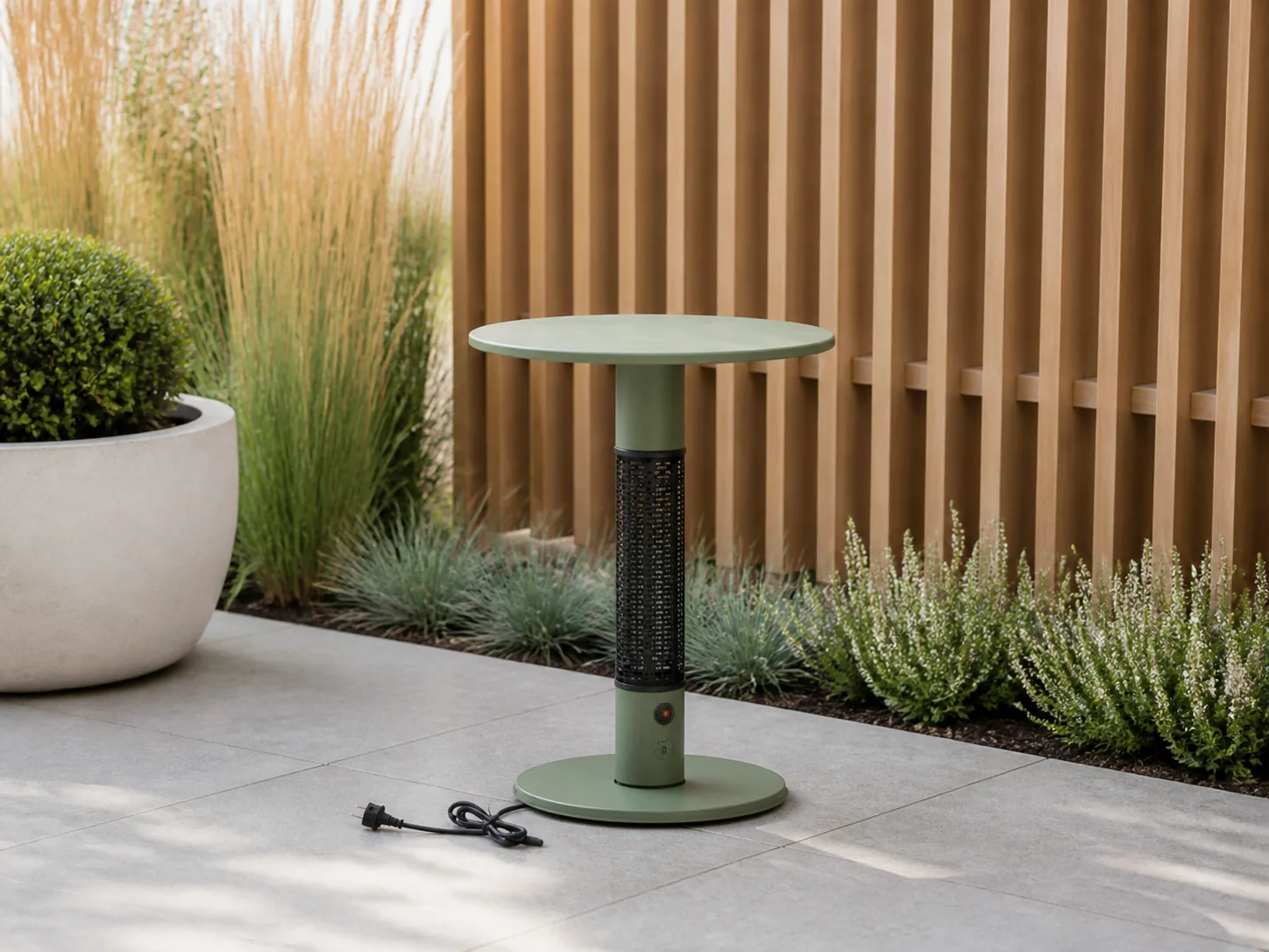 Sfeerfoto van Monti HeatLine + 15% kassakorting | Pulse tafel met terrasverwarmer 1500W ø60cm (h: 75cm) – Groen