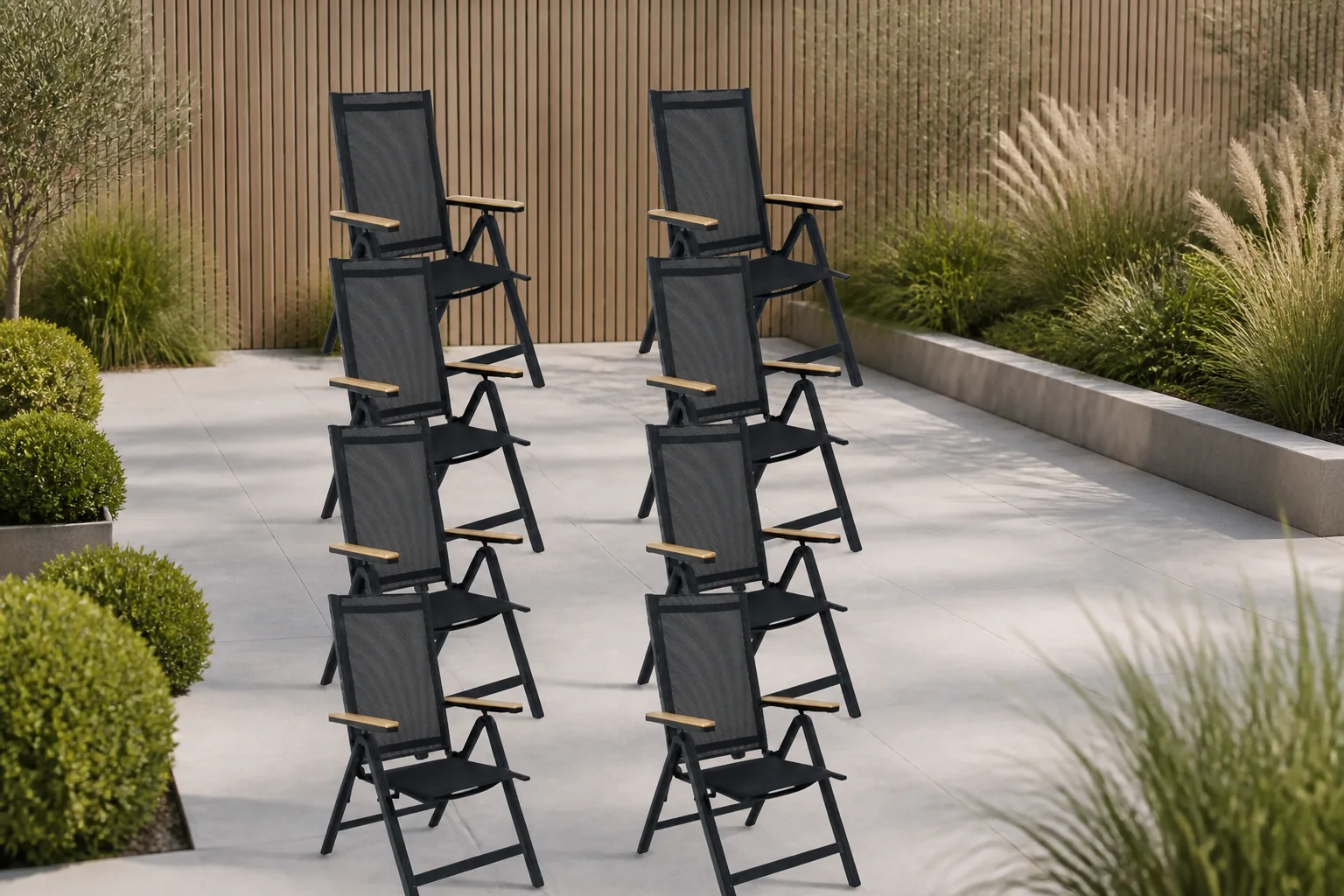 Sfeerfoto van LUX outdoor living Norali dining tuinstoel verstelbaar set van 8 | textileen + aluminium | antraciet